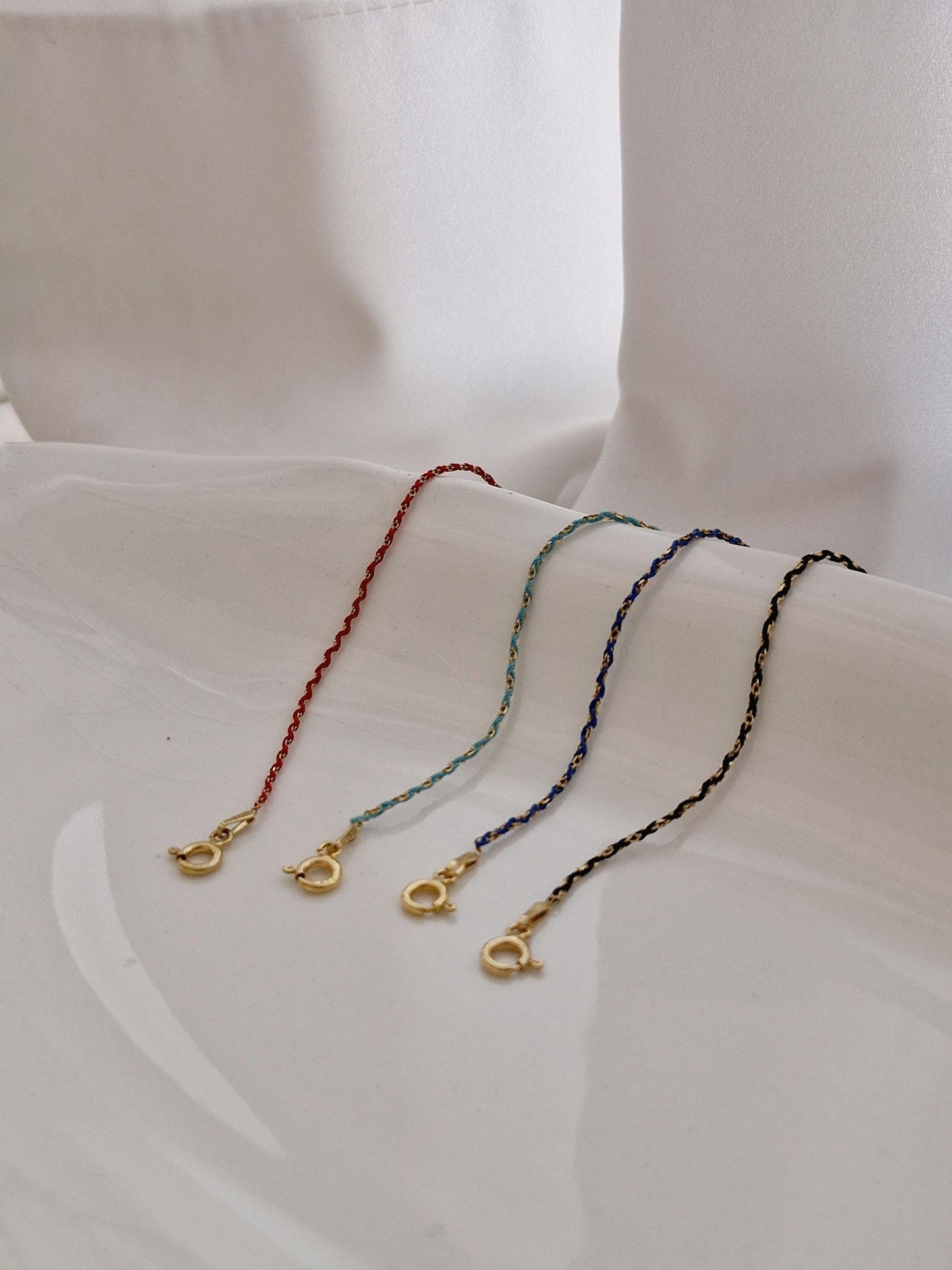 Minimalist Silk Cord Bracelet.925 Sterling Silver. Red / Black / Blue / Green. stackable multilayer string thread bracelet.