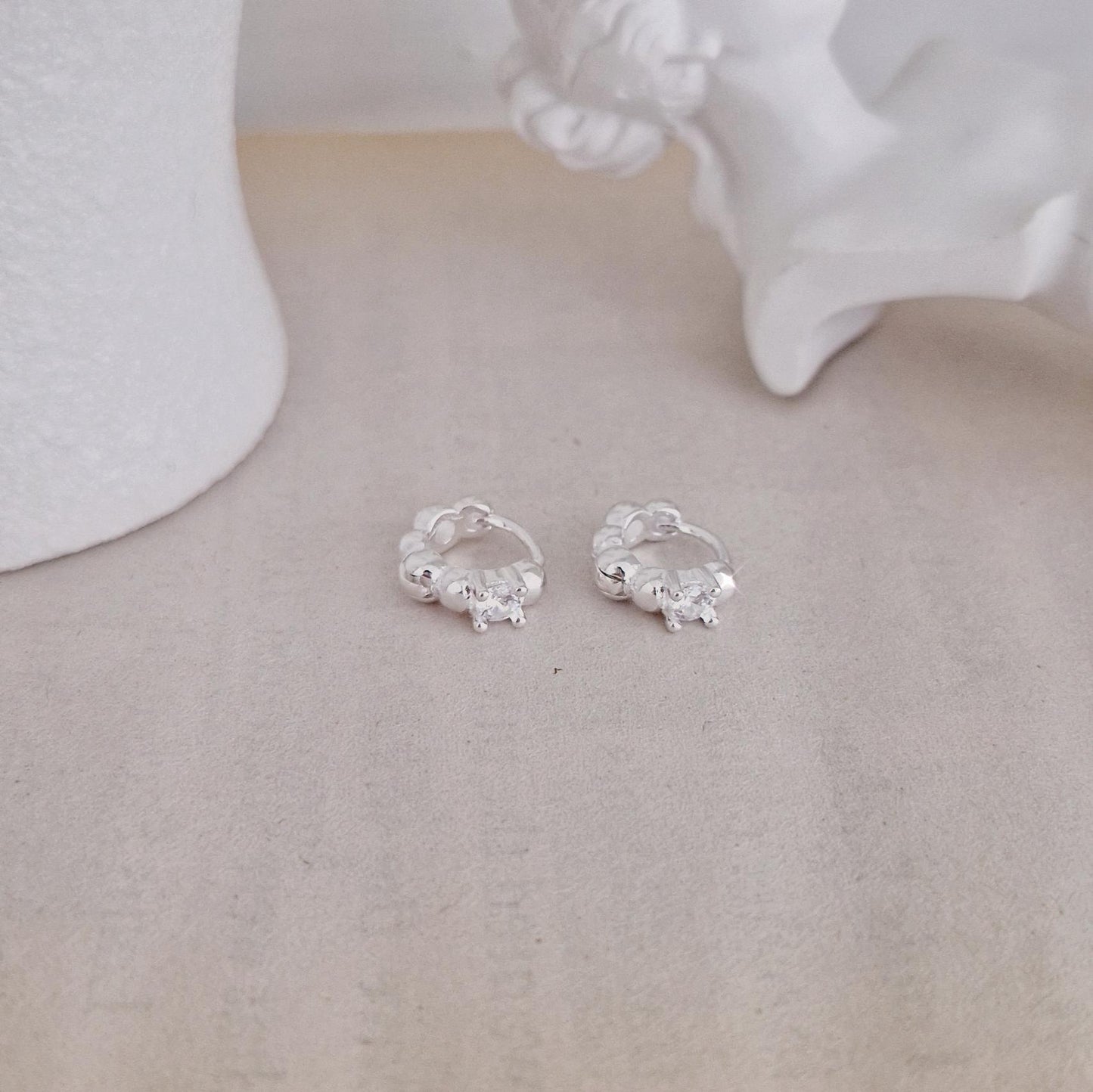 925 Silver Dot Mini Huggie Earrings. bubble ball huggie earrings.