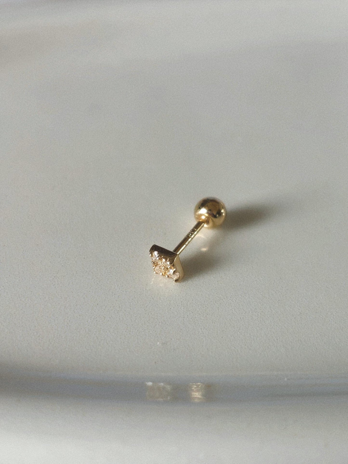 14k 18k solid gold petit Square cluster screwball stud. Moissanite Lab diamond pave piercing.