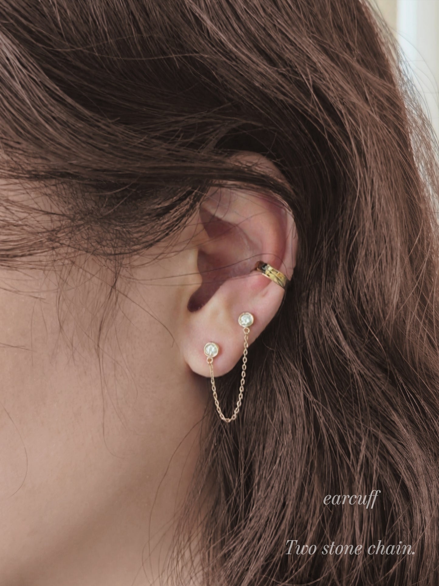 14K Solid Gold Double bezel Stud Chain Piercing. Lab diamond, Moissanite.