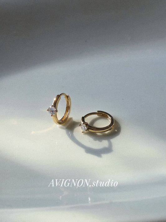 14K Gold Tiny lab Diamond, Moissanite Huggie Hoop Earrings.