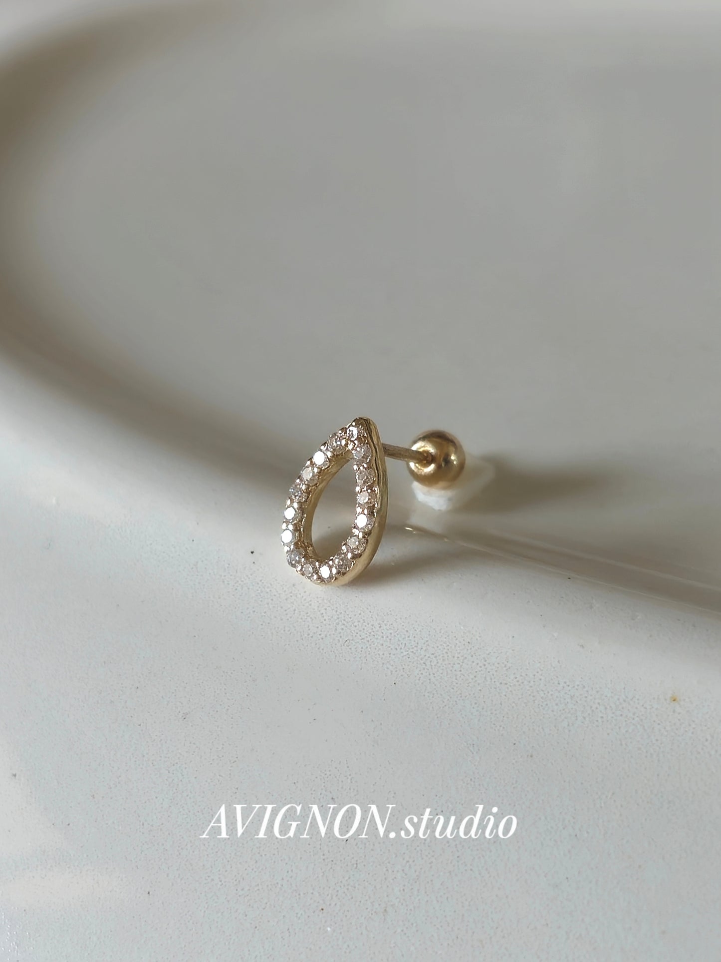 14k solid gold Teardrop Pave Stud piercing. Minimal Gold Drop Stud, Moissanite, Lab diamond.