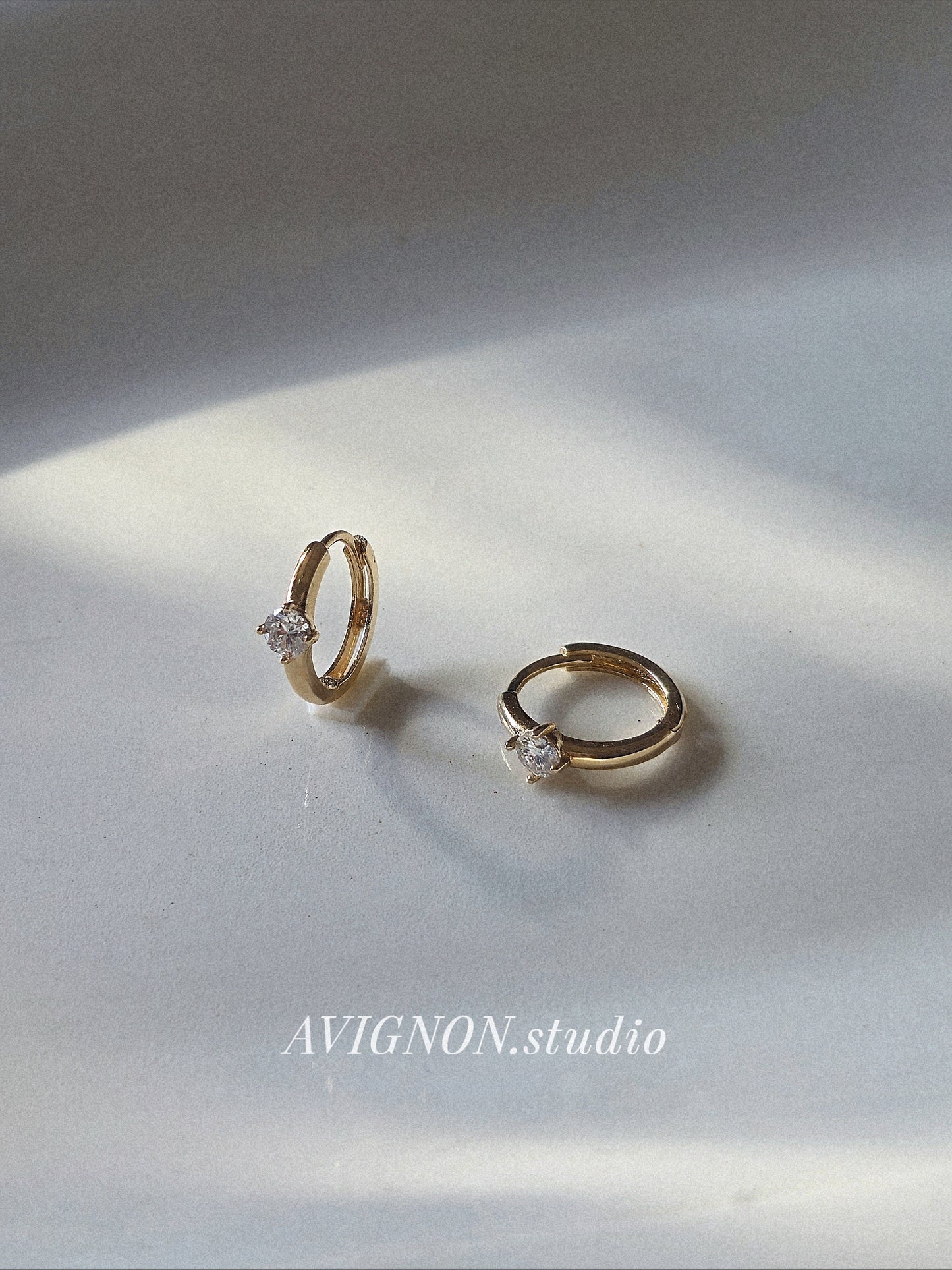 14K Gold Tiny lab Diamond, Moissanite Huggie Hoop Earrings.