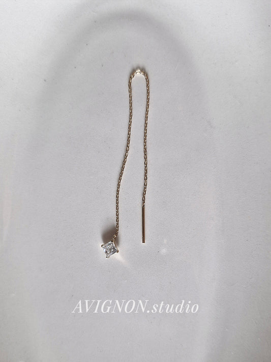 14k solid gold chain threader with square moissanite lab diamond earring.
