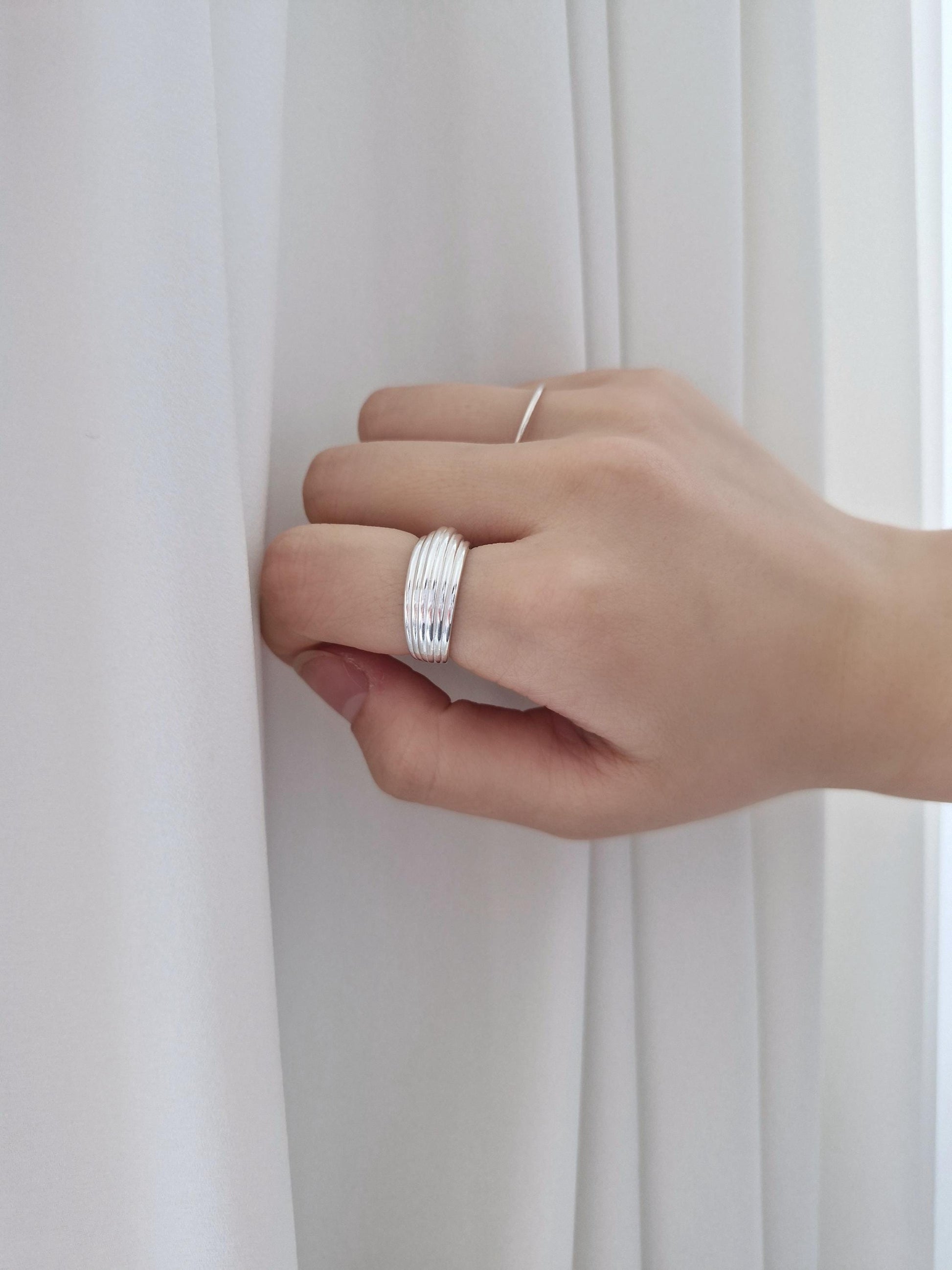 Bold Layered Open Ring. 925 Silver. chunky dome ring adjustable.