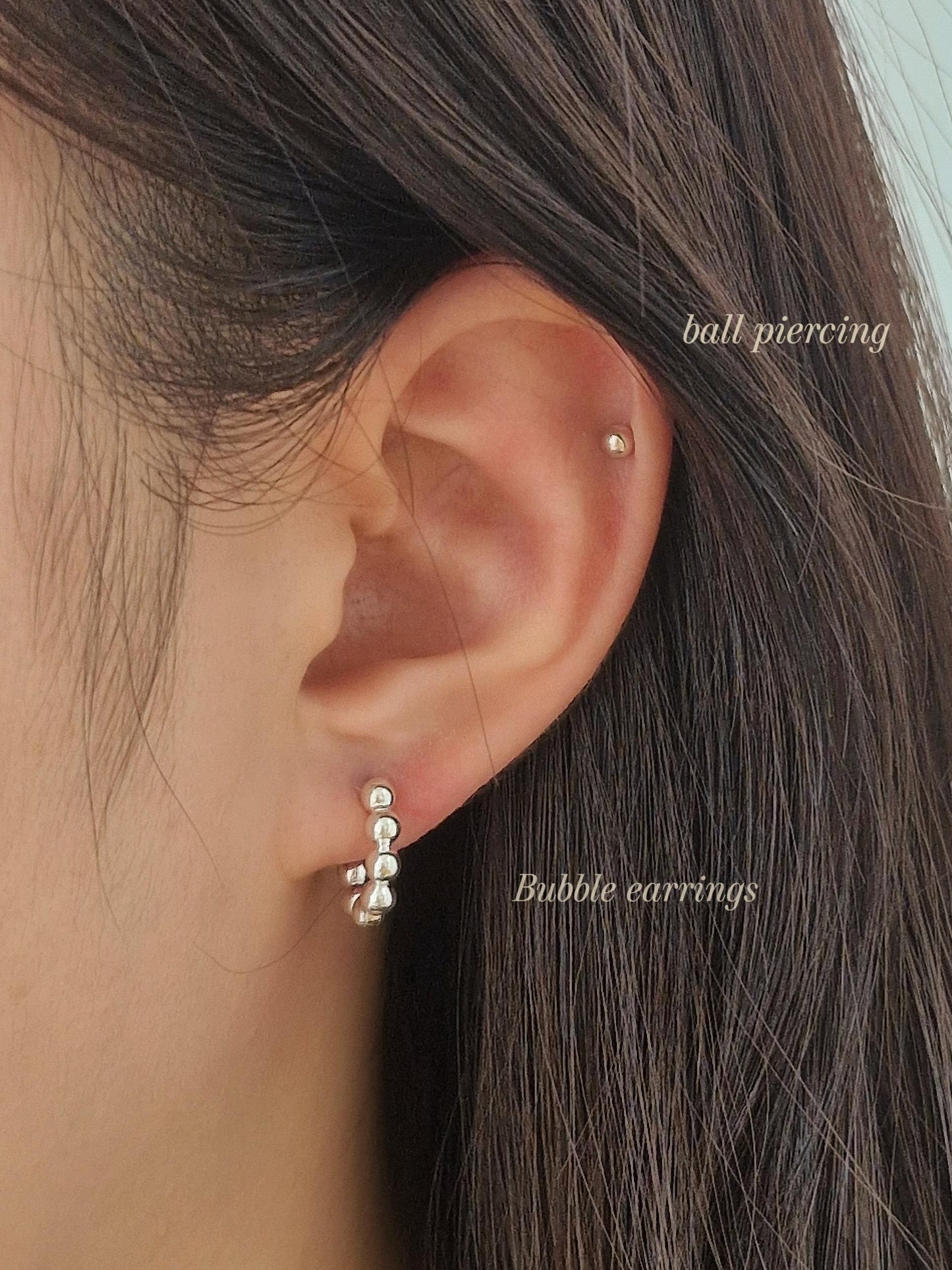 Bubble earrings. Basic hoop ball plain huggie earrings simple and chic. modernist design. clicker.