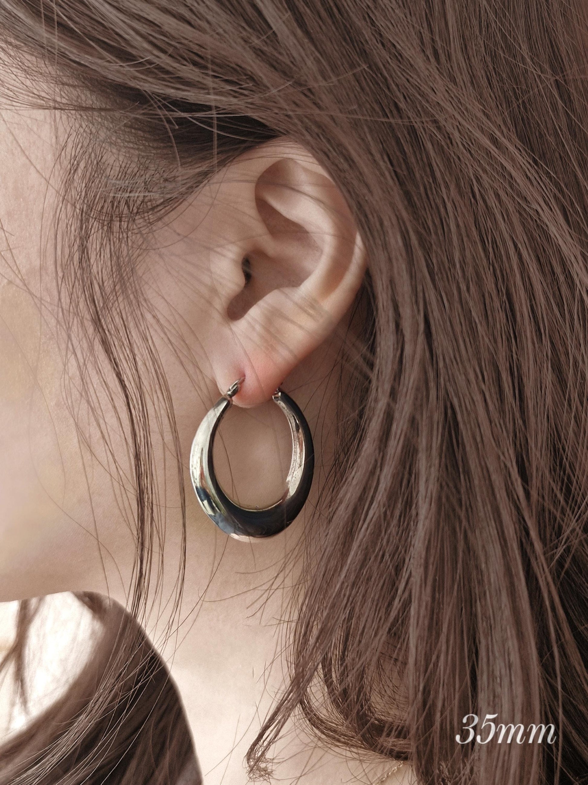 Chunk bold sterling silver hoop earring. sterling silve hoop earrings.crescent hoop earrings. moon earrings.