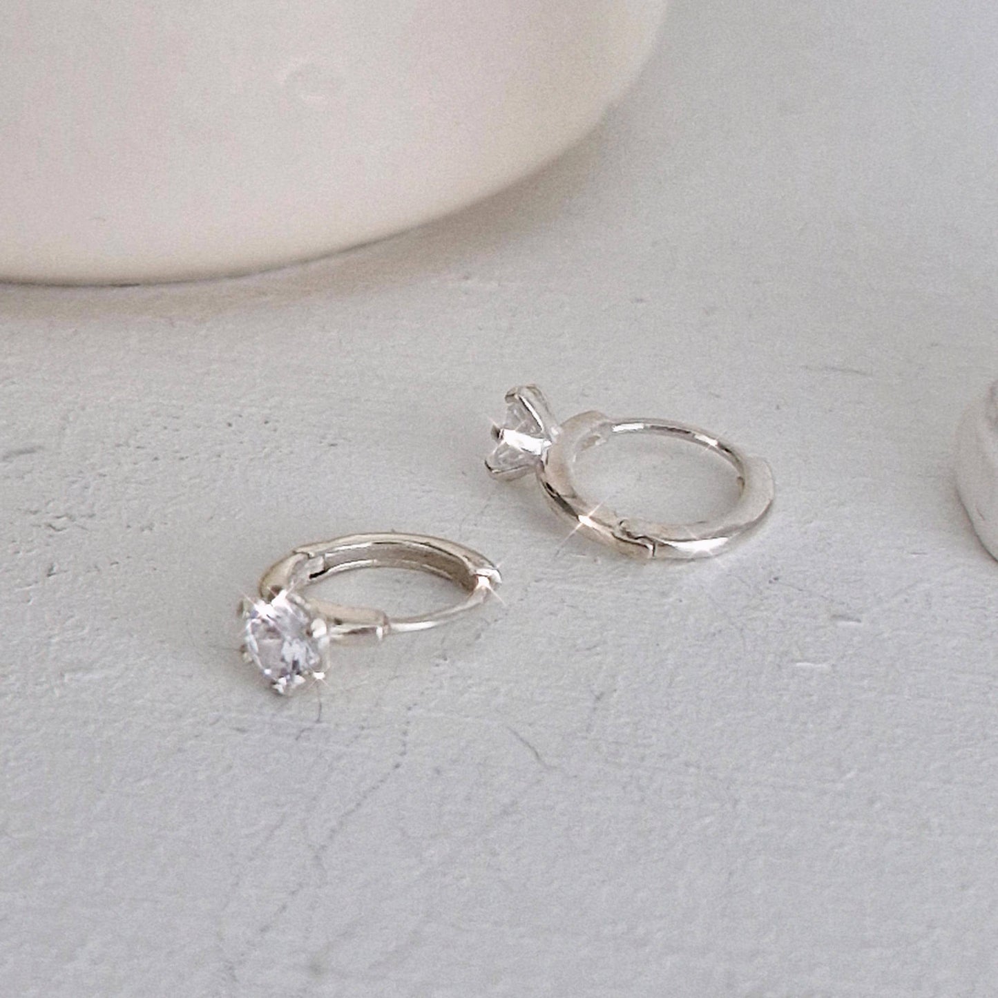 Classic Solitaire Hoop Earrings. solitaire cubic huggie earrings. 925 silver earrings. Hinged CZ Clicker Hoop