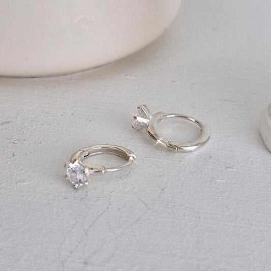 Classic Solitaire Hoop Earrings. solitaire cubic huggie earrings. 925 silver earrings. Hinged CZ Clicker Hoop