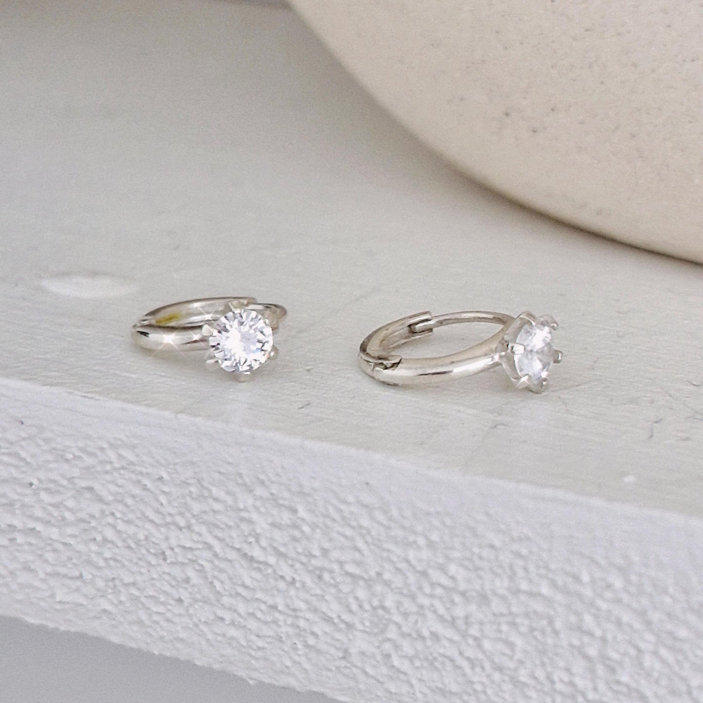 Classic Solitaire Hoop Earrings. solitaire cubic huggie earrings. 925 silver earrings. Hinged CZ Clicker Hoop
