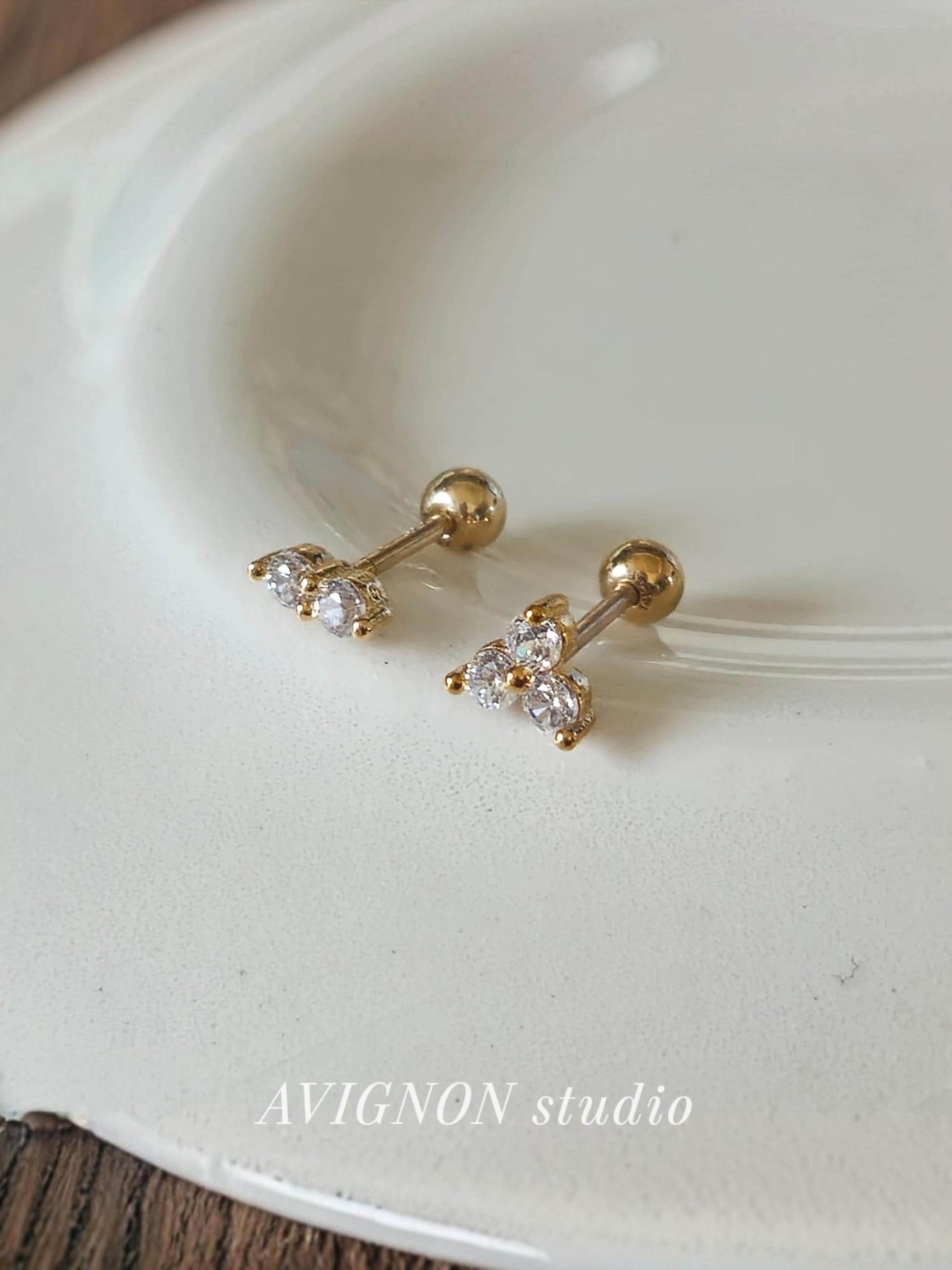 Cz cubic piercing set. cubic cluster stud. screwball stud earring. 14k goldfilled piercing set.