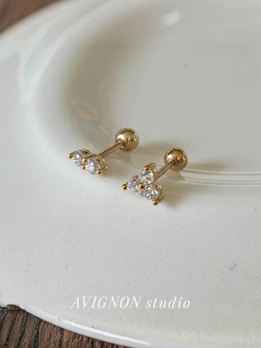 Cz cubic piercing set. cubic cluster stud. screwball stud earring. 14k goldfilled piercing set.