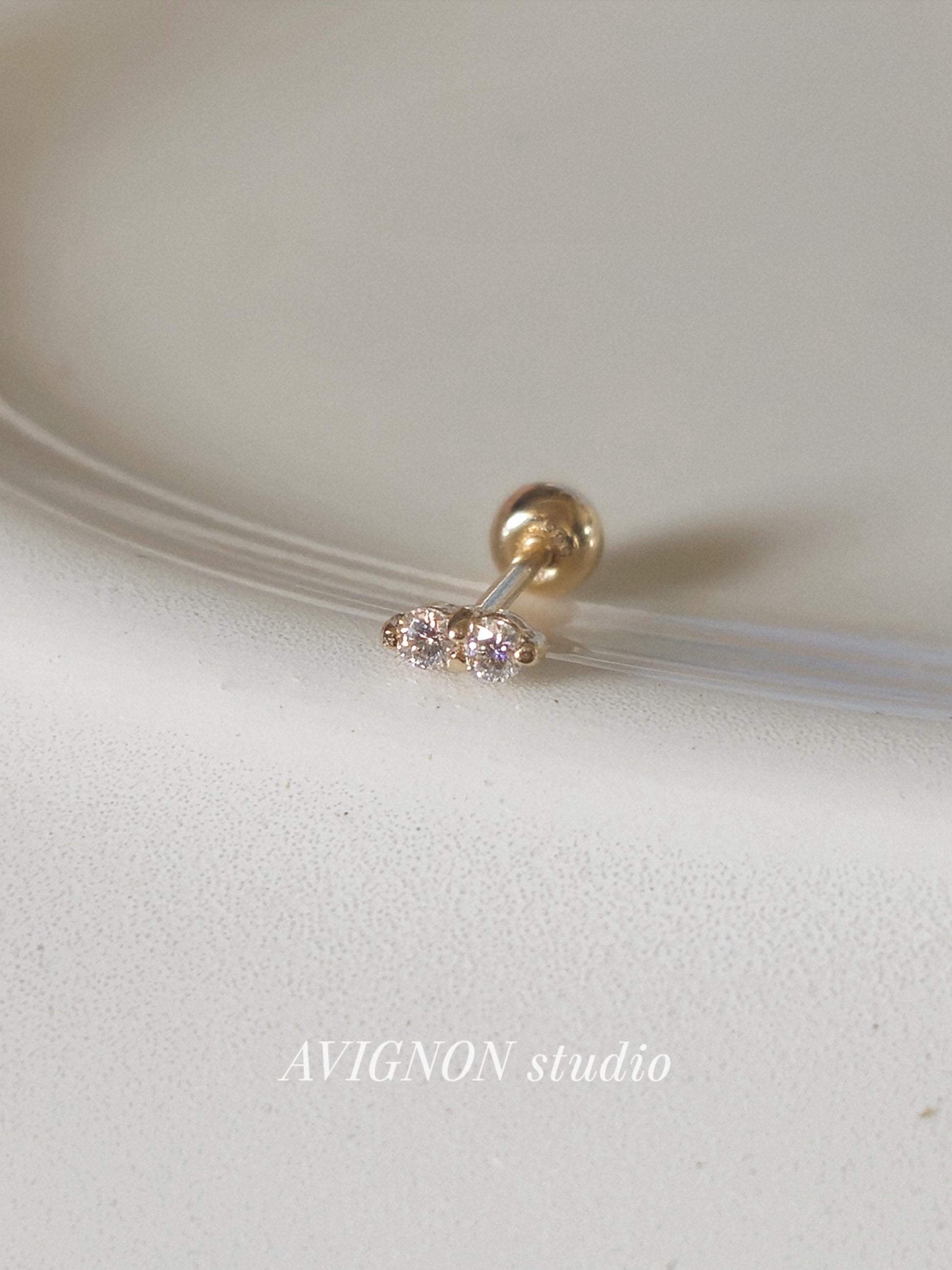 Double stone petit Lab diamond moissanite 14k 18k screwball piercing.