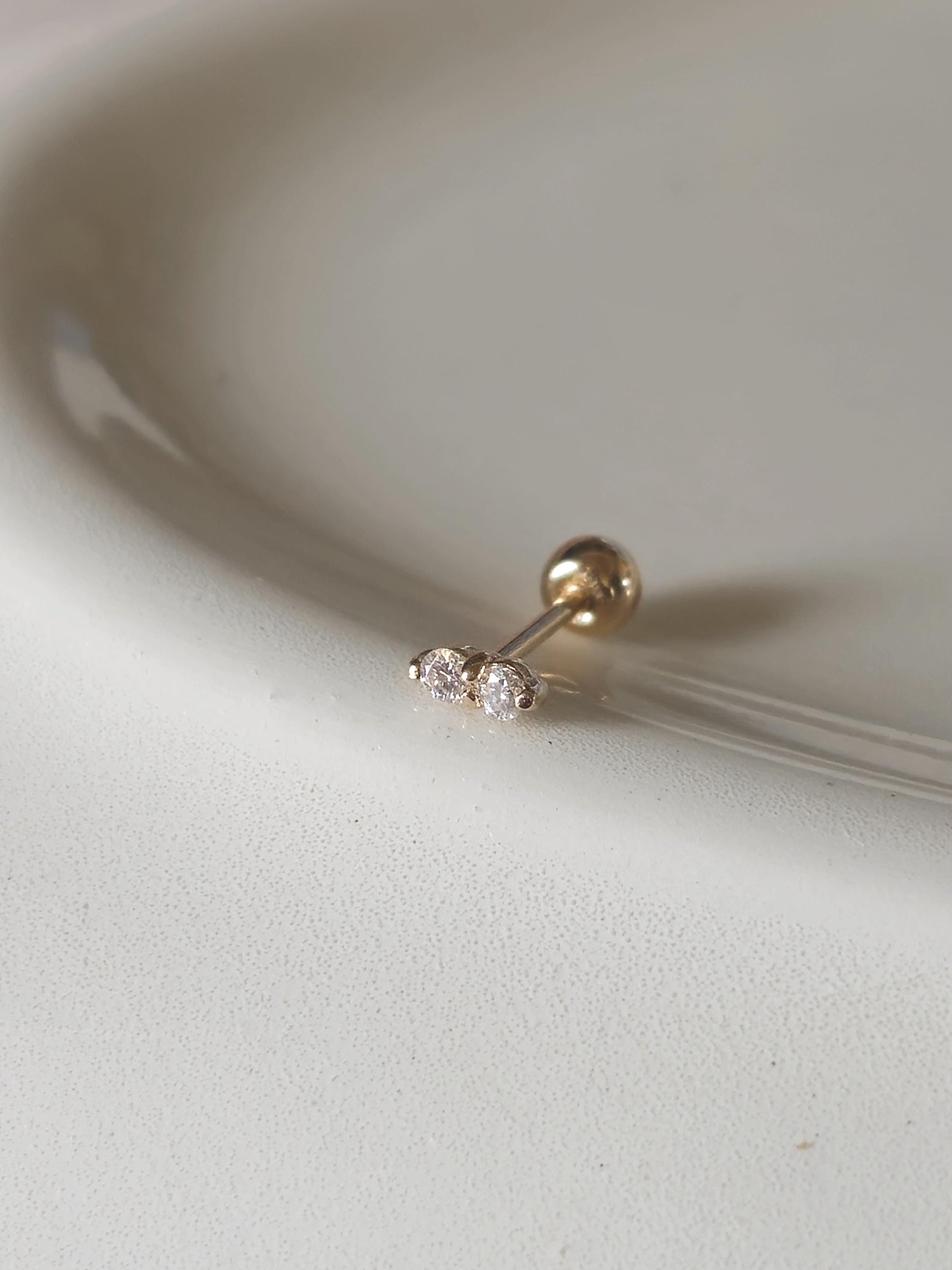 Double stone petit Lab diamond moissanite 14k 18k screwball piercing.