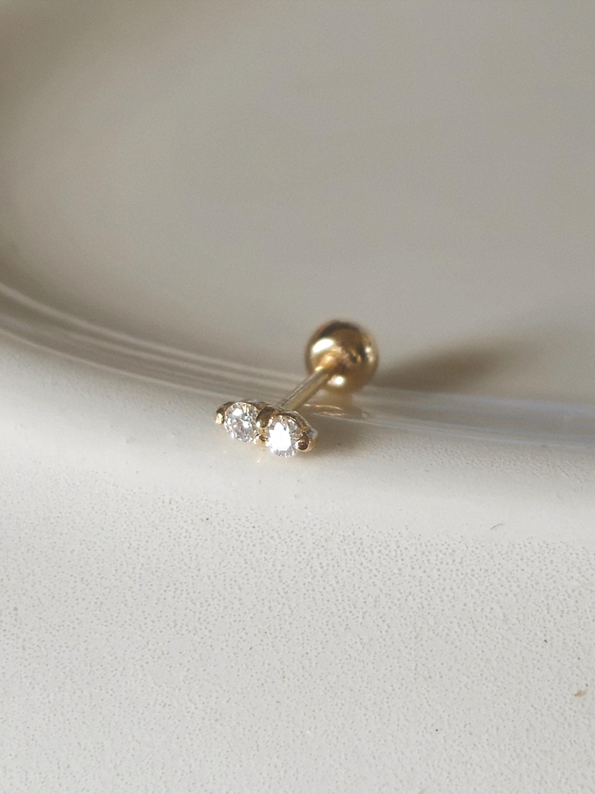 Double stone petit Lab diamond moissanite 14k 18k screwball piercing.