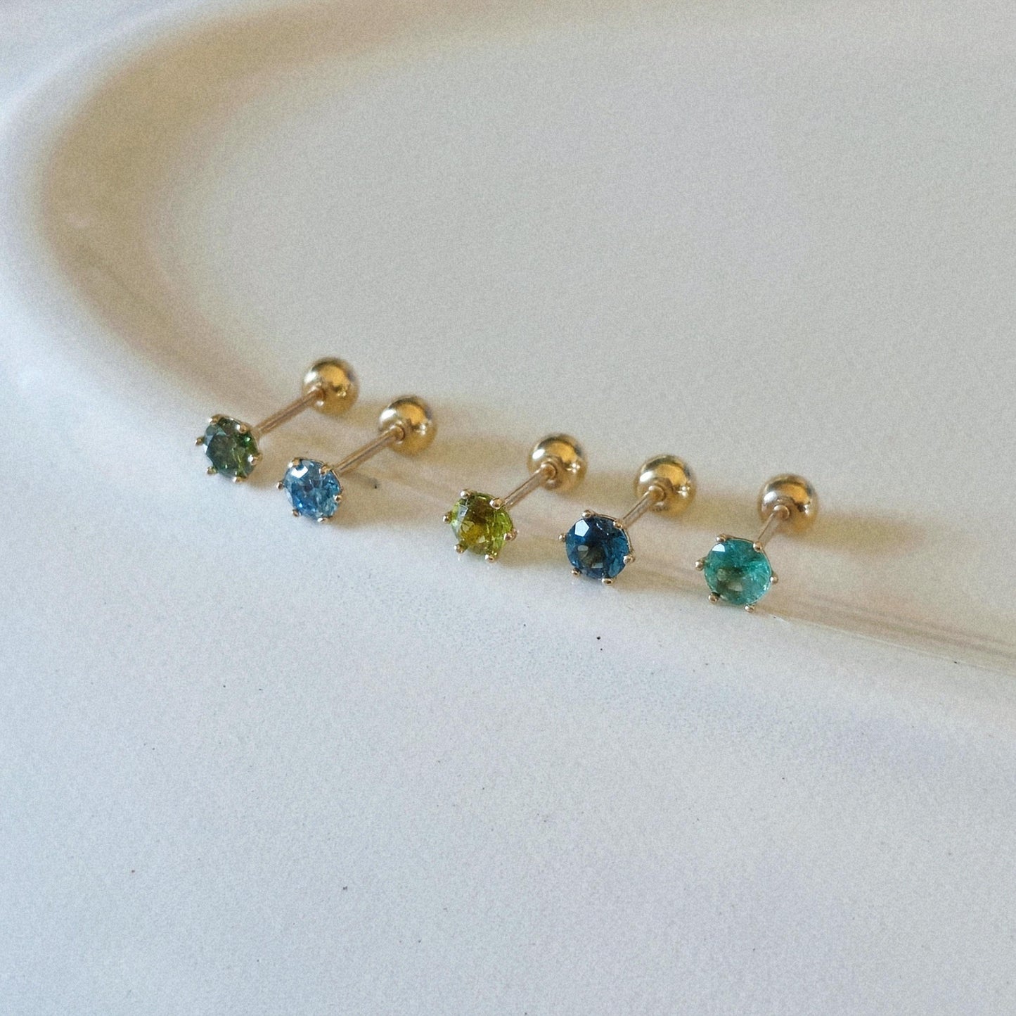 Emerald. London blue topaz. Peridot. lab diamond. 14k solid gold piercing. Blue Green real Gemstone piercing. screwback stud.Birthstone.