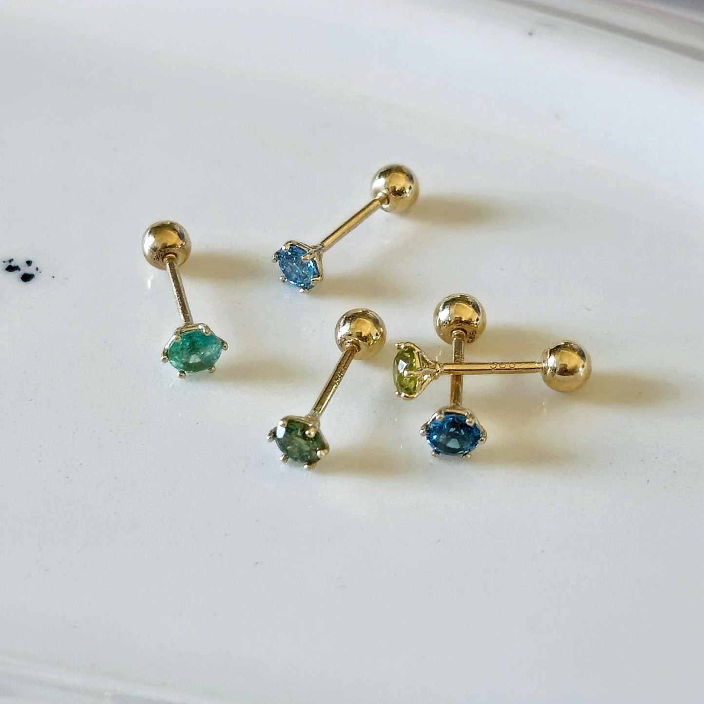 Emerald. London blue topaz. Peridot. lab diamond. 14k solid gold piercing. Blue Green real Gemstone piercing. screwback stud.Birthstone.
