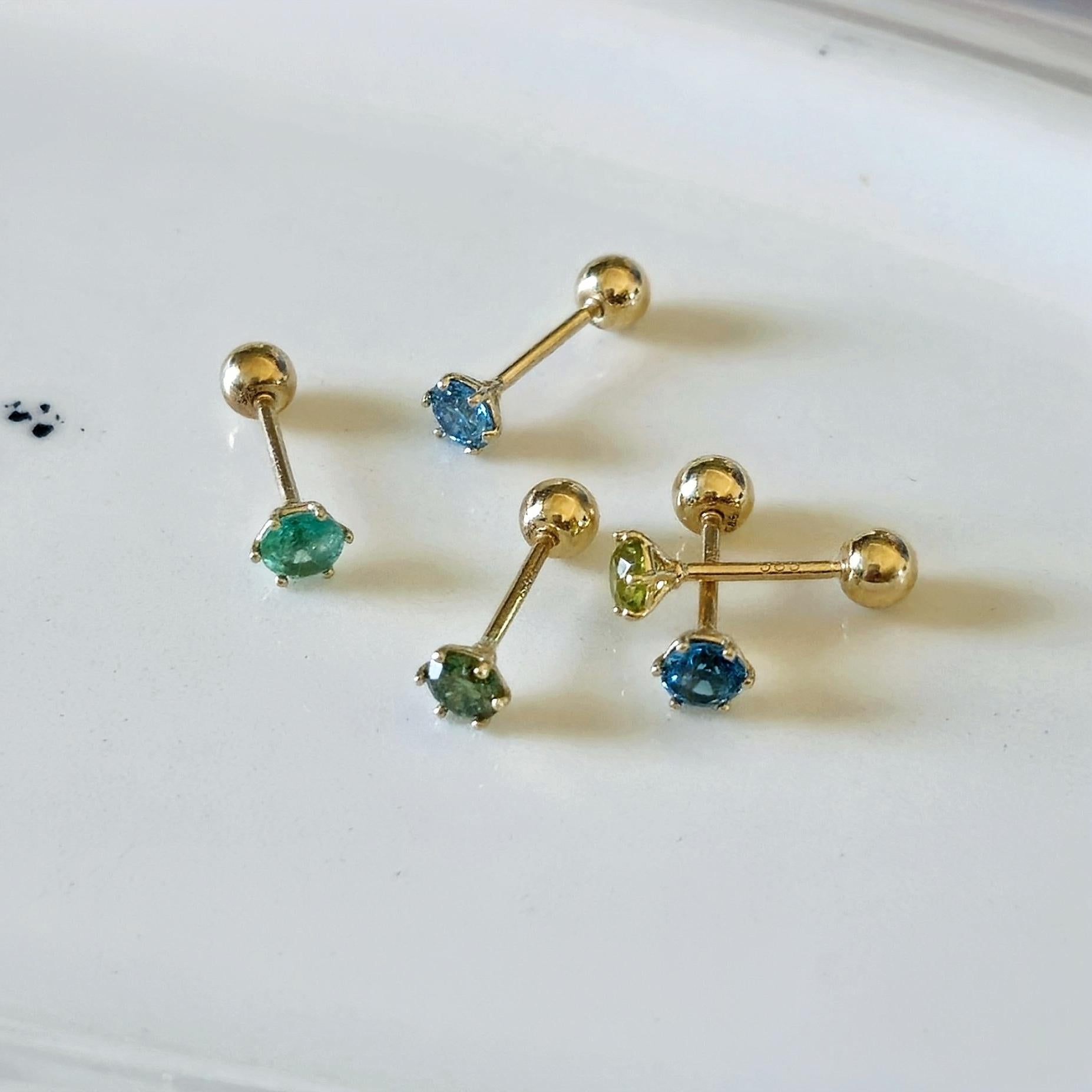 Emerald. London blue topaz. Peridot. lab diamond. 14k solid gold piercing. Blue Green real Gemstone piercing. screwback stud.Birthstone.