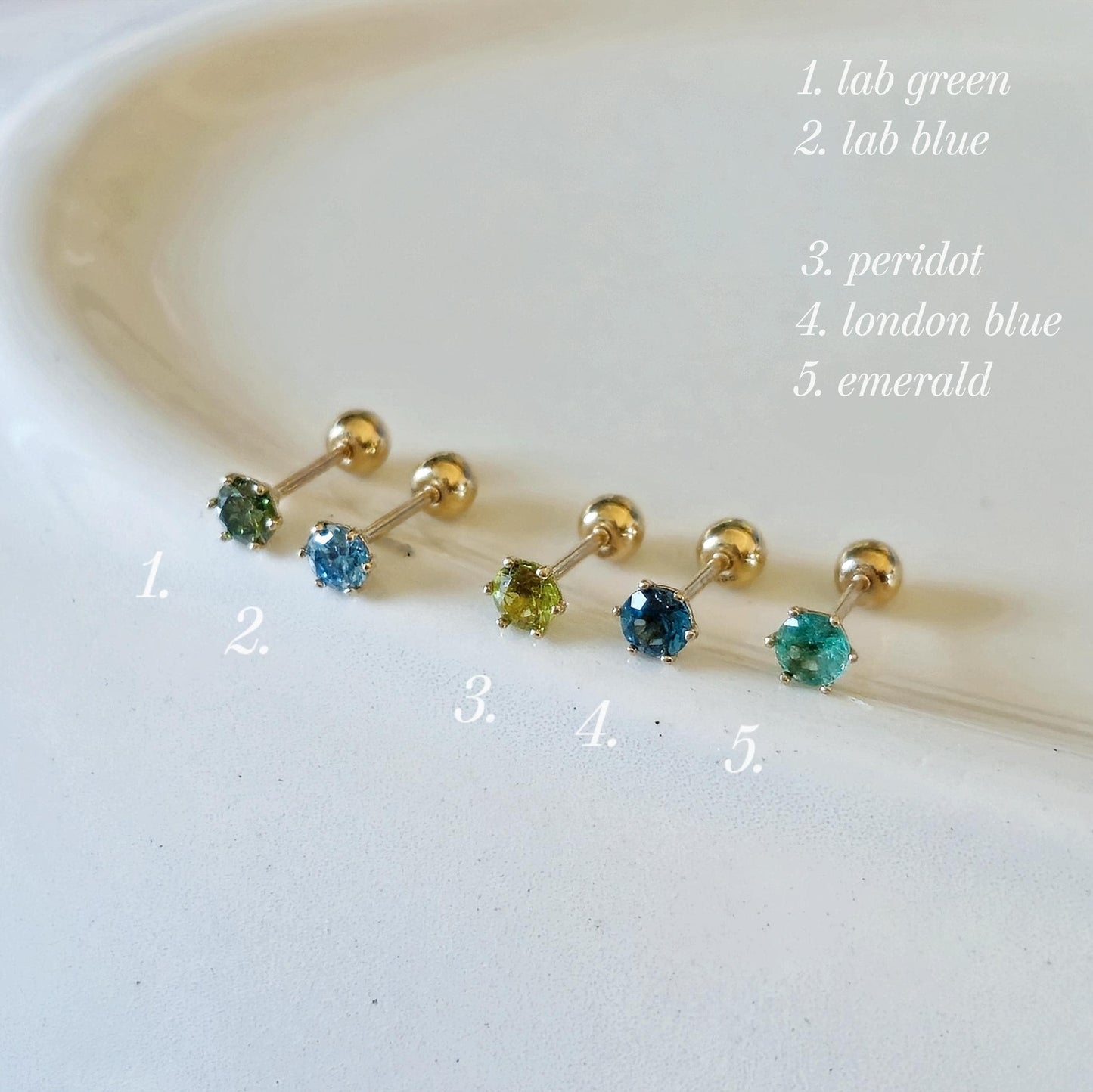 Emerald. London blue topaz. Peridot. lab diamond. 14k solid gold piercing. Blue Green real Gemstone piercing. screwback stud.Birthstone.