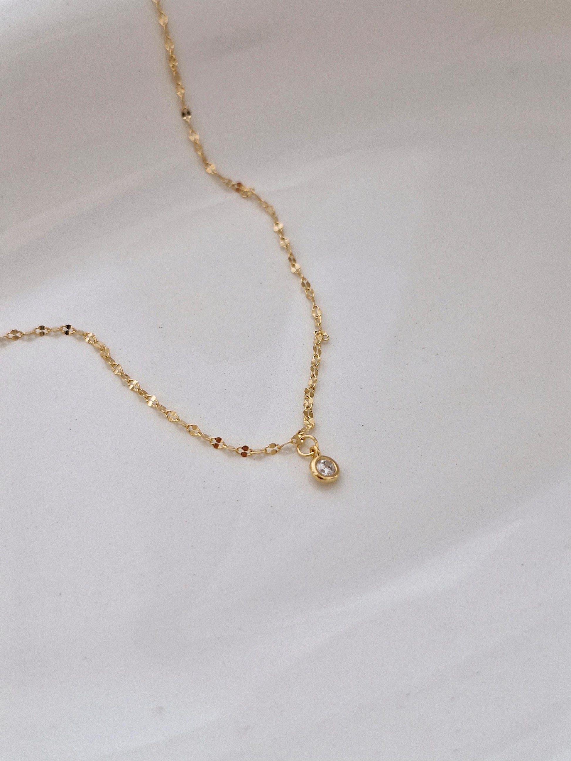 Gold Bezel Cubic Zirconia Necklace, Elegant Dainty Pendant Necklace, Layering Jewelry Gift. sterling silver 925.