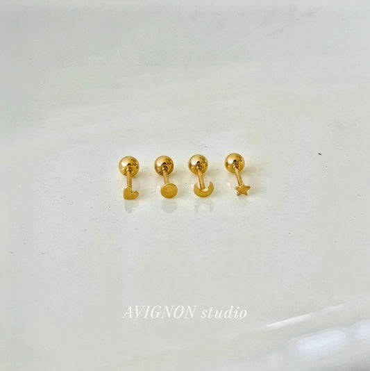 Heart Star moon Round 14k solid gold screwball piercing. screwball stud. Tiny piercing.