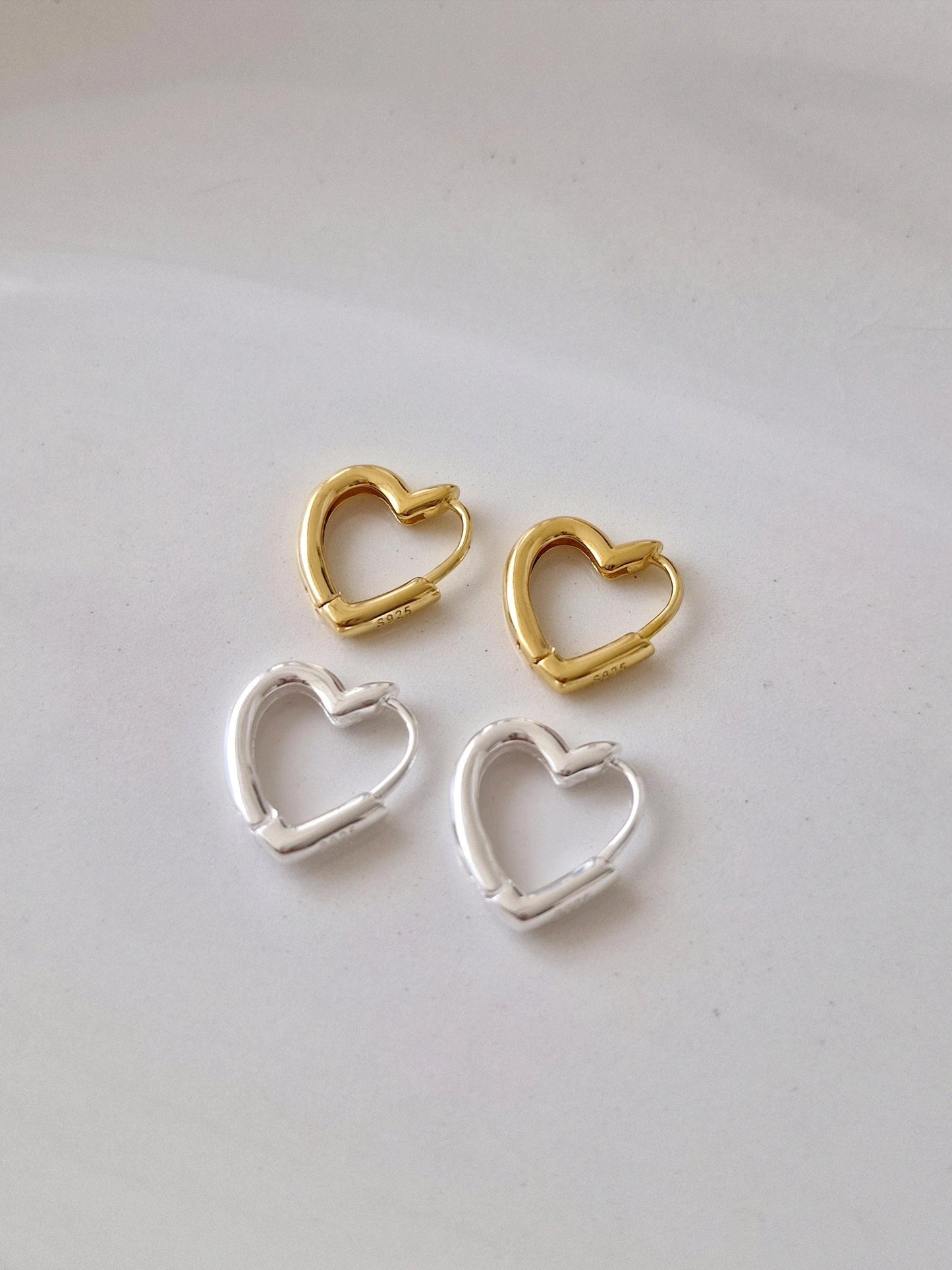 Heart hoop huggie earrings sterling silver 925.