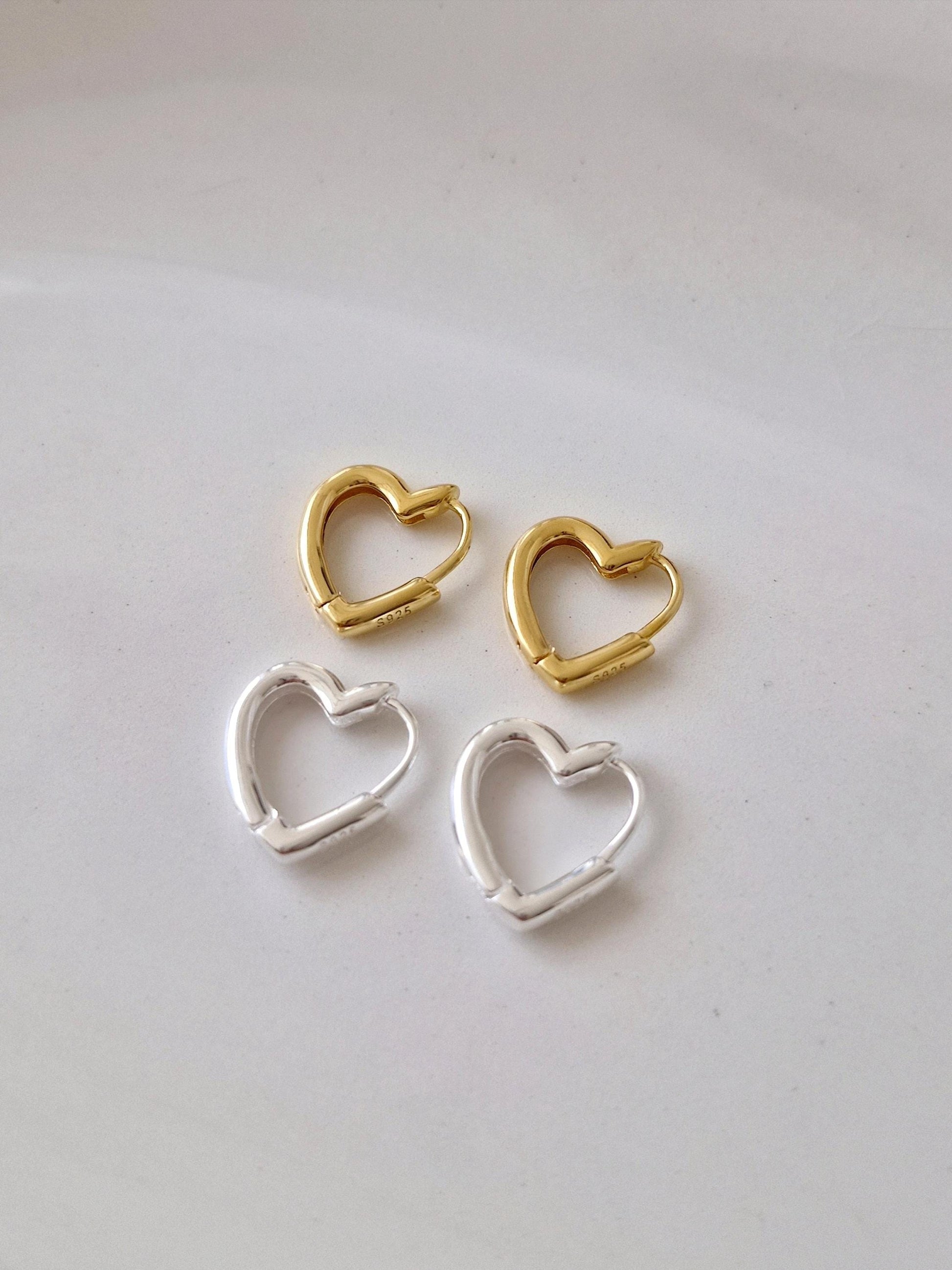 Heart hoop huggie earrings sterling silver 925.