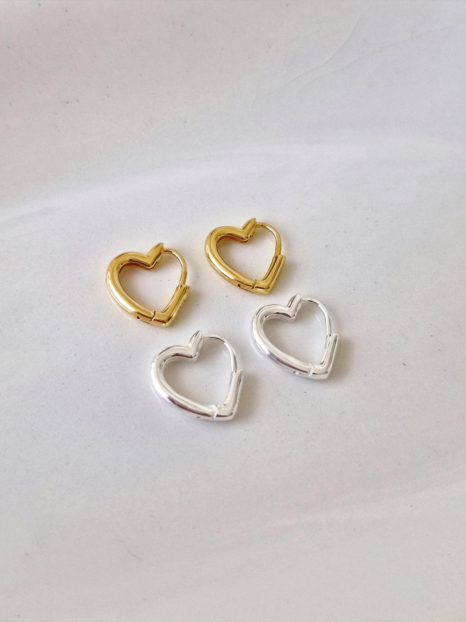 Heart hoop huggie earrings sterling silver 925.
