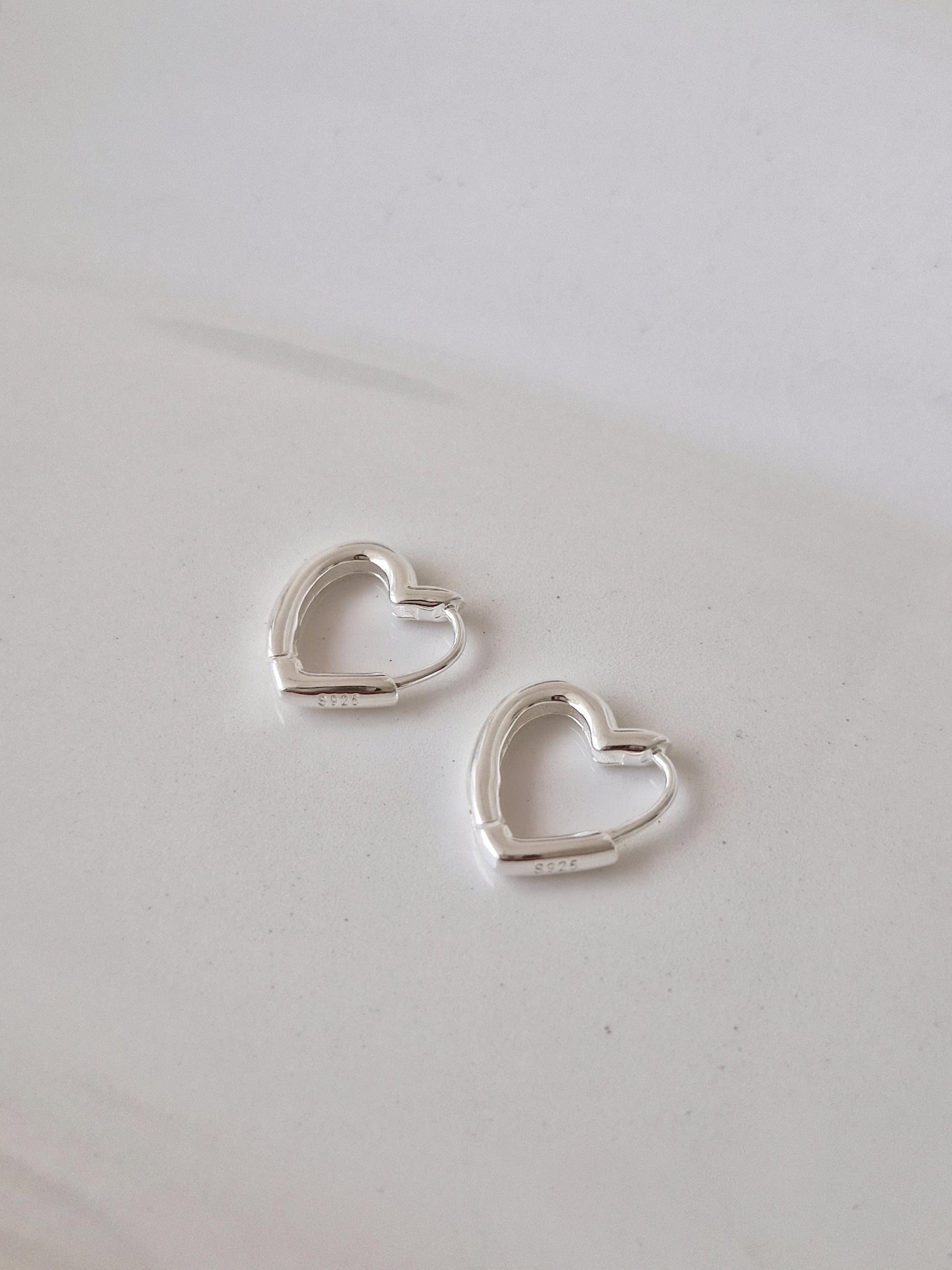 Heart hoop huggie earrings sterling silver 925.