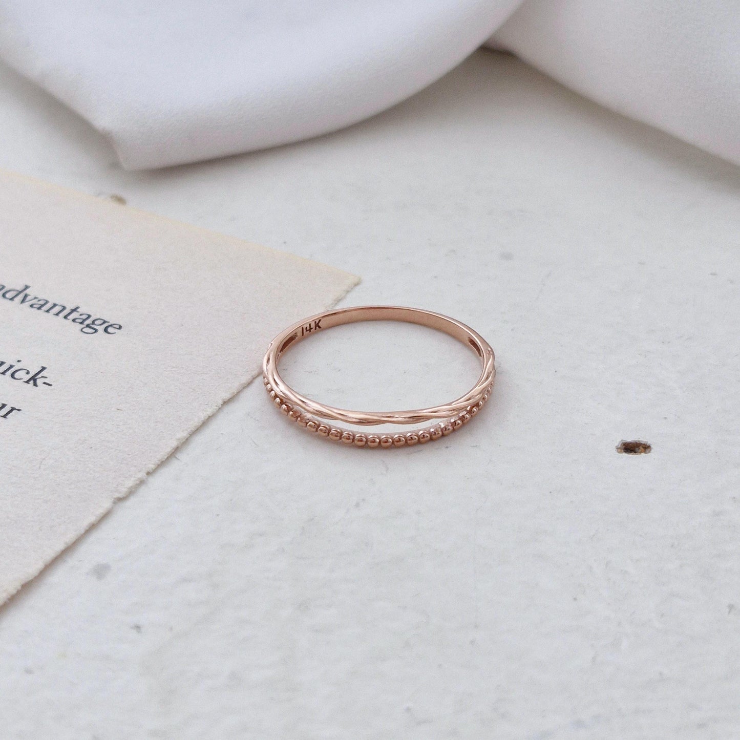 14K Rose Gold Beaded Twist Ring. double band ring. daily vintage style.