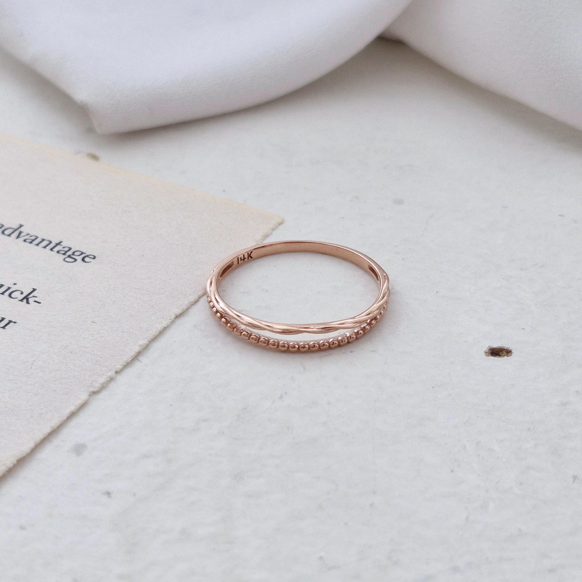 14K Rose Gold Beaded Twist Ring. double band ring. daily vintage style.