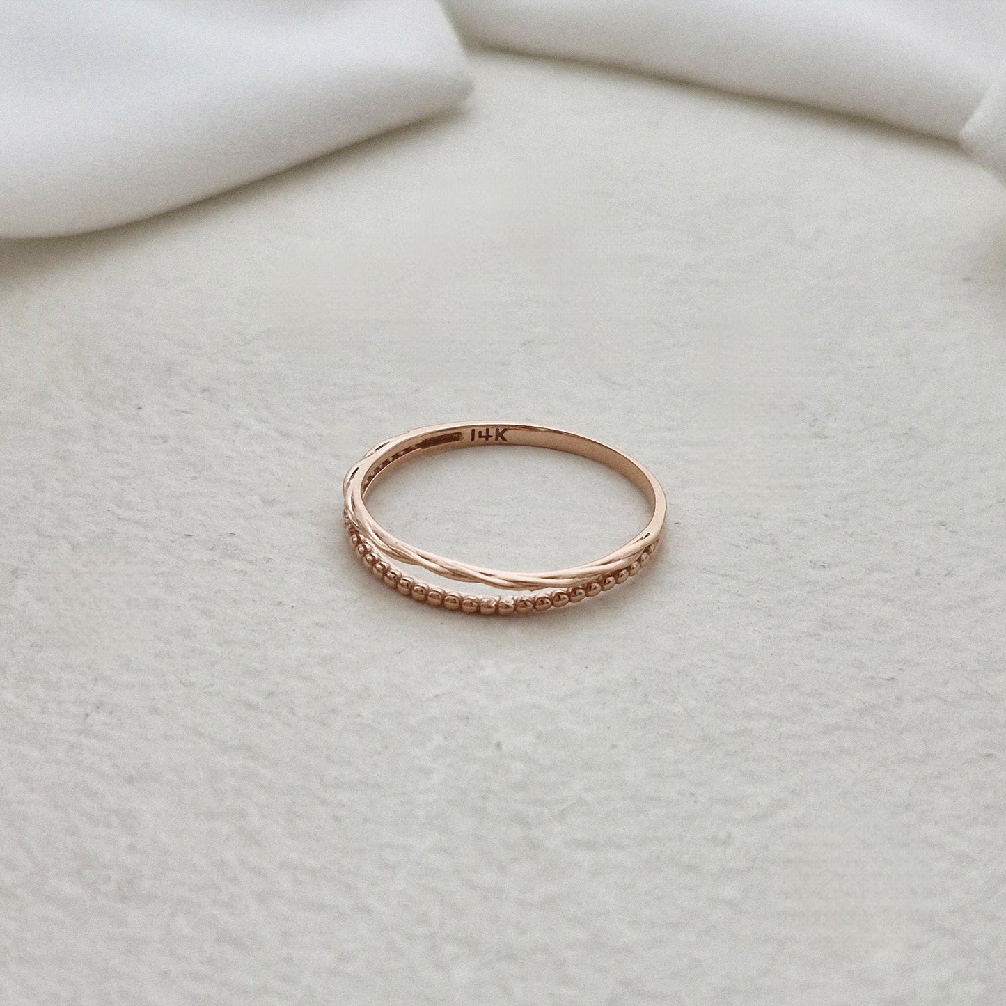14K Rose Gold Beaded Twist Ring. double band ring. daily vintage style.