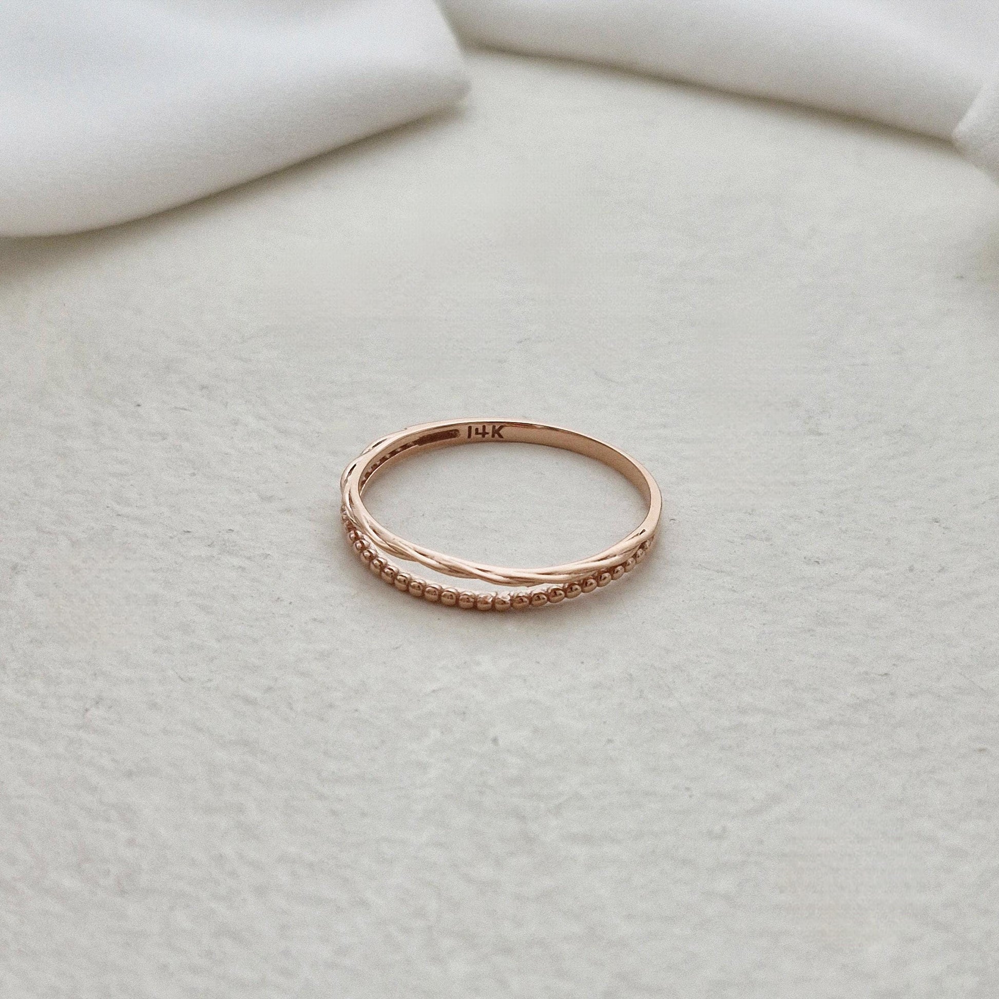 14K Rose Gold Beaded Twist Ring. double band ring. daily vintage style.