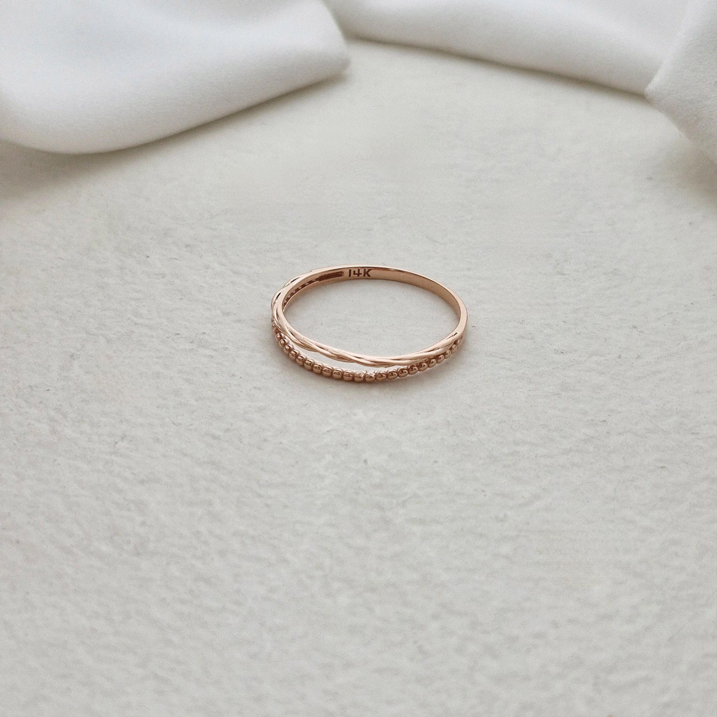 14K Rose Gold Beaded Twist Ring. double band ring. daily vintage style.