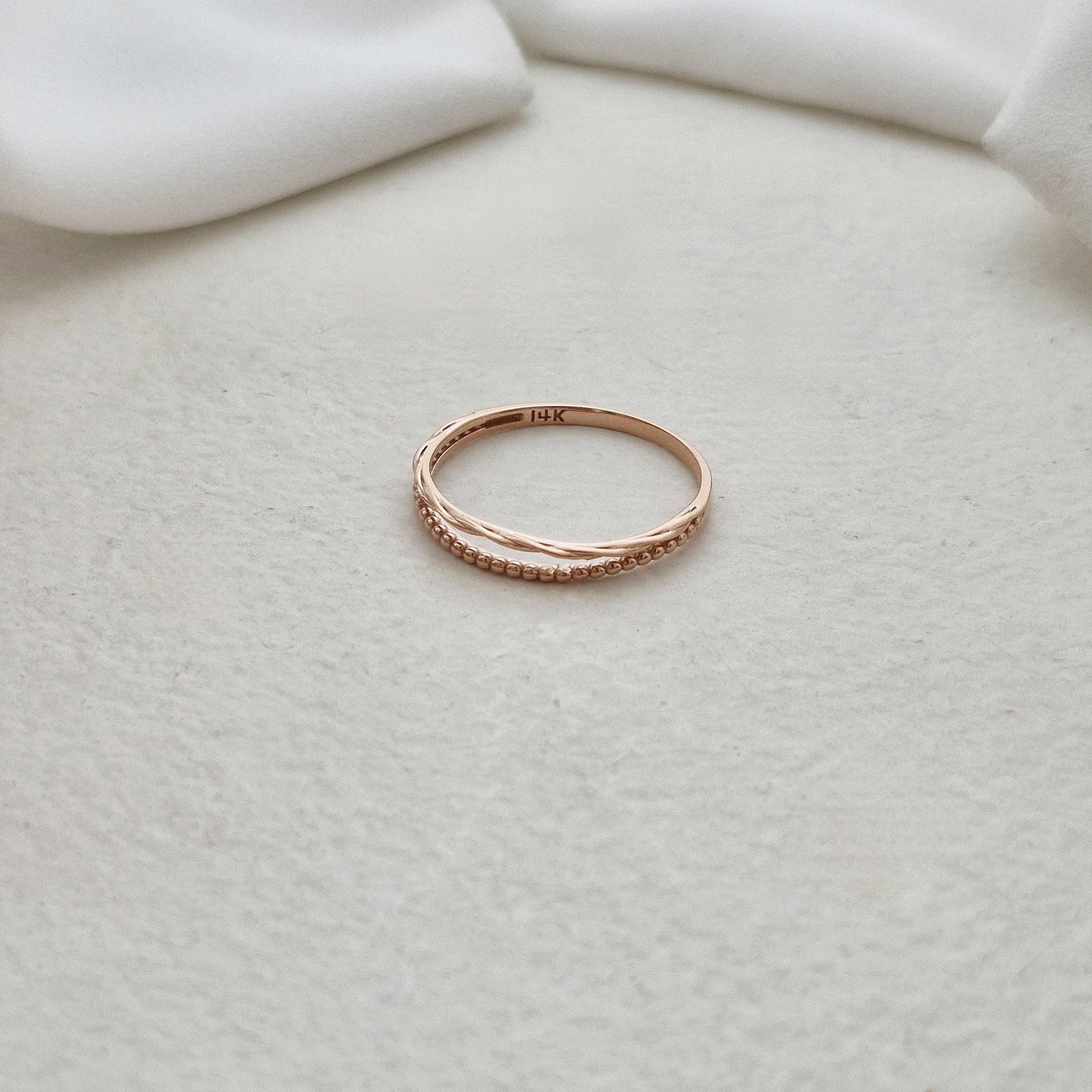 14K Rose Gold Beaded Twist Ring. double band ring. daily vintage style.