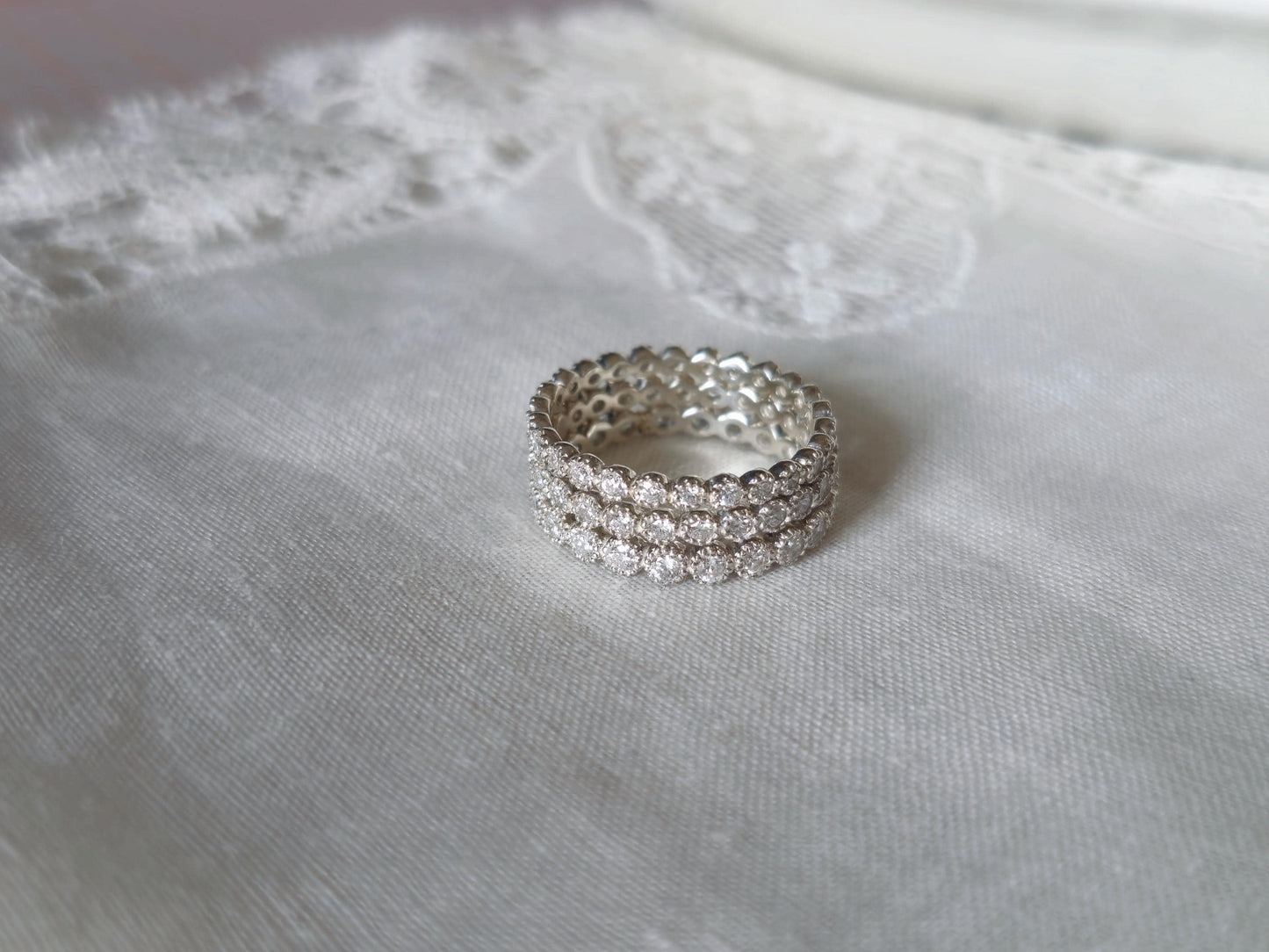 Lab diamond pave ring. Micro lab diamond full eternity ring. Diamond sterling silver ring.