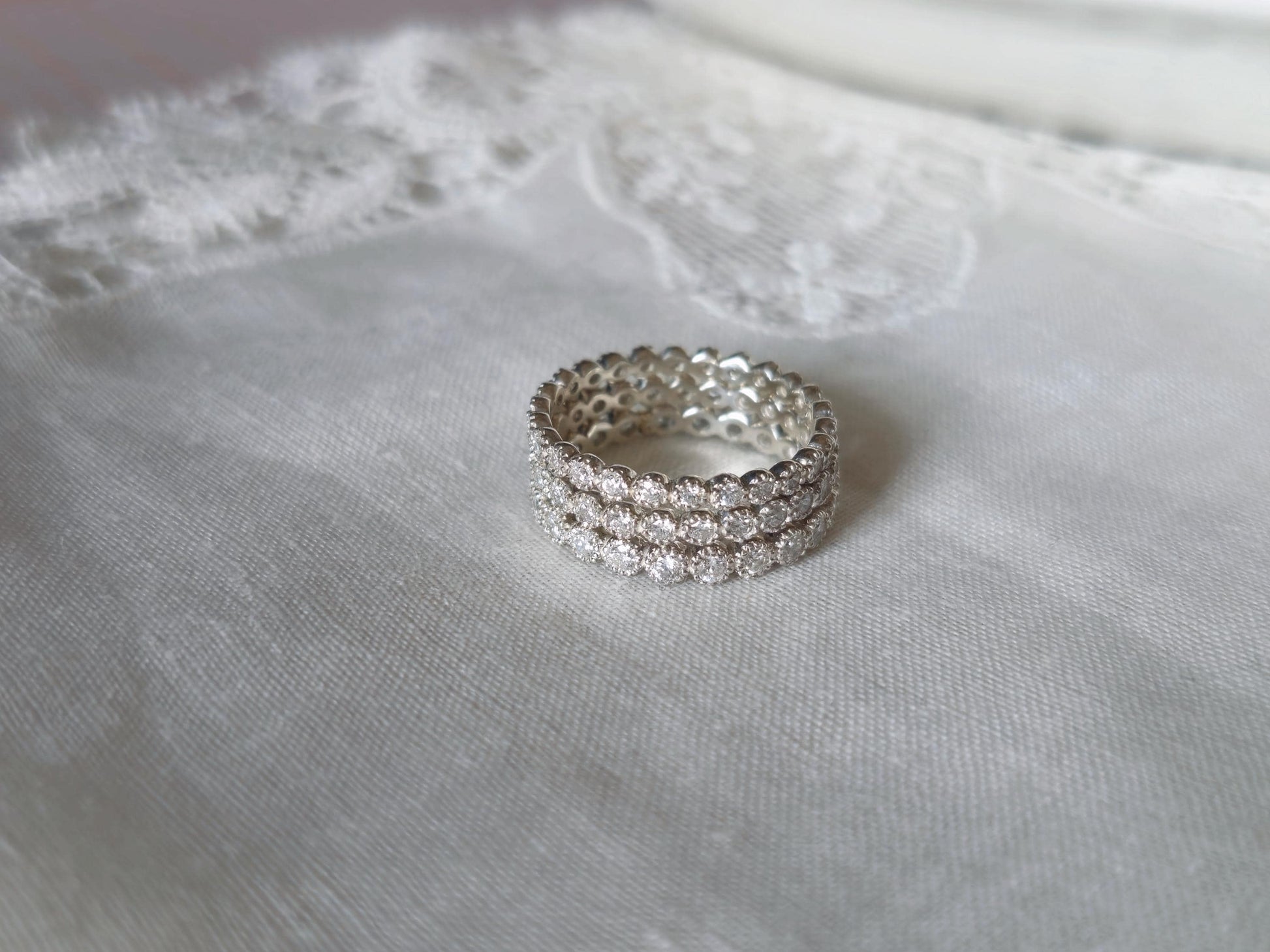 Lab diamond pave ring. Micro lab diamond full eternity ring. Diamond sterling silver ring.