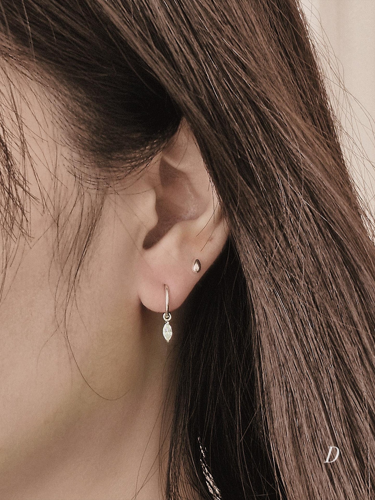 Marquise cut Moissanite Lab diamond Sterling silver hoop. (Sold as single piece)