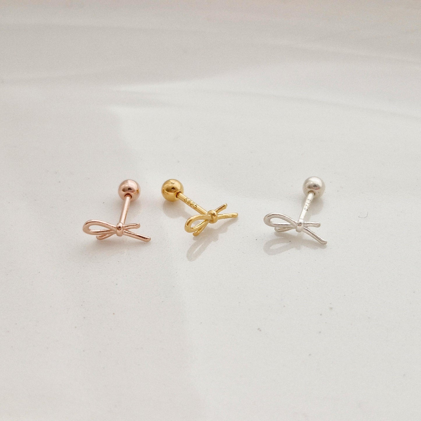 Mini Ribbon knot design Piercing screwball earring. sterling silver 925 screwback earring. barbell. 20G