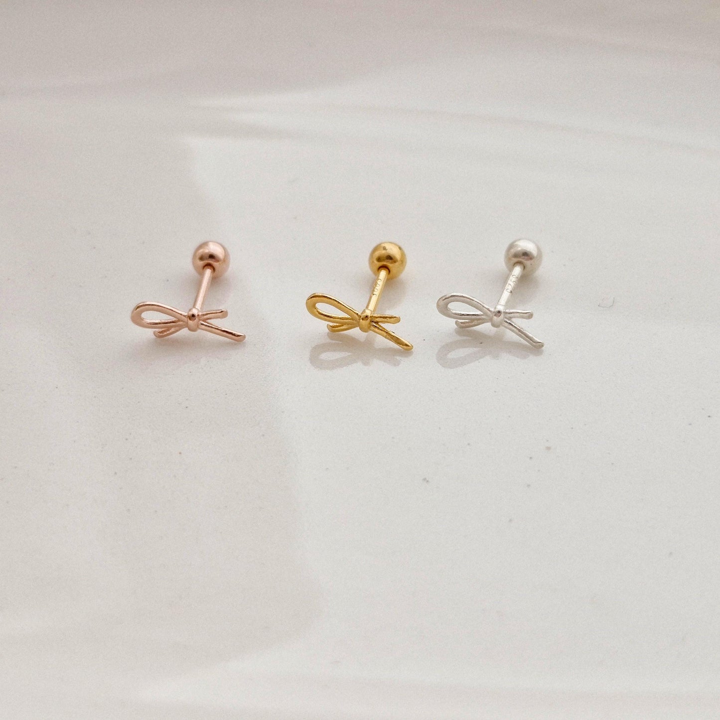 Mini Ribbon knot design Piercing screwball earring. sterling silver 925 screwback earring. barbell. 20G