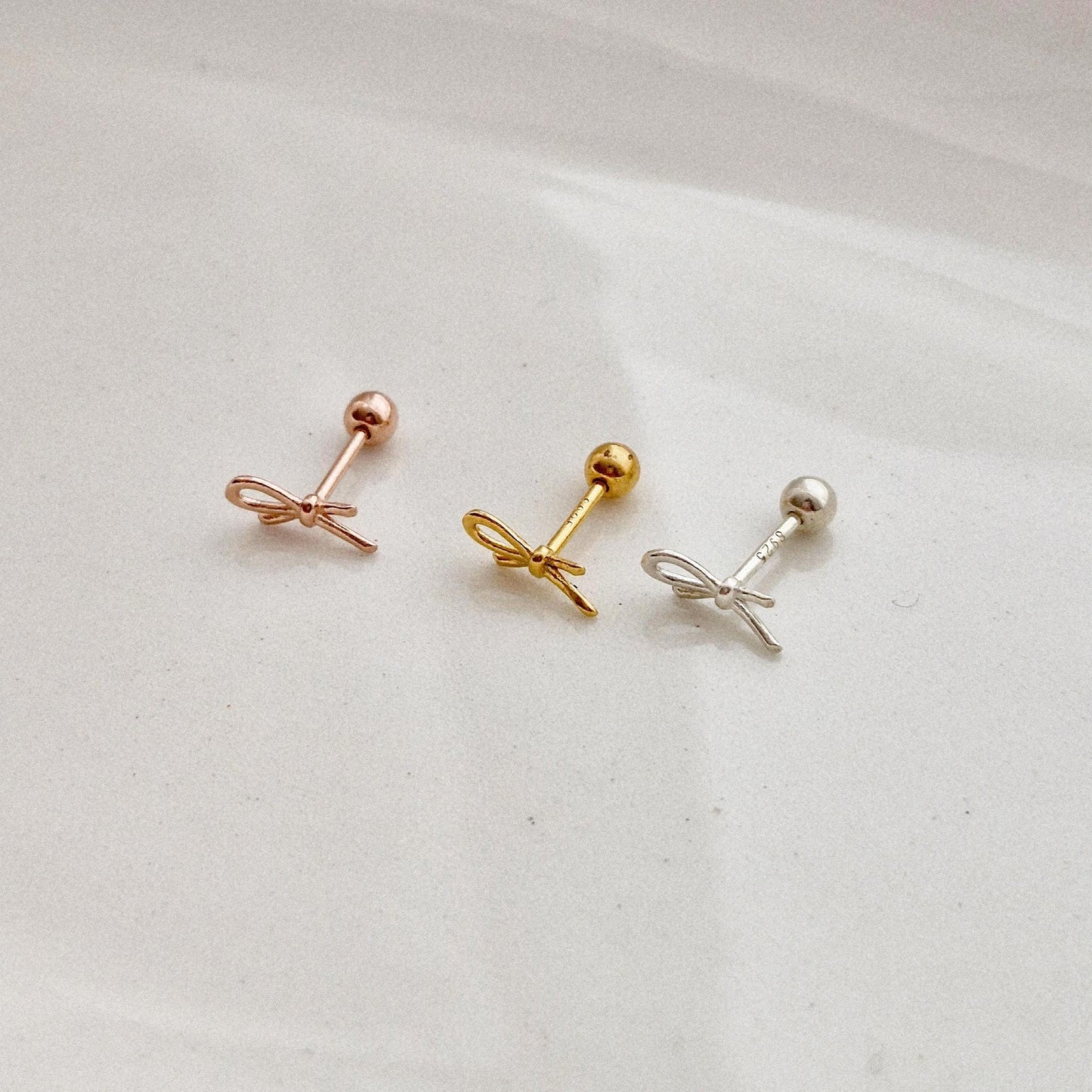 Mini Ribbon knot design Piercing screwball earring. sterling silver 925 screwback earring. barbell. 20G