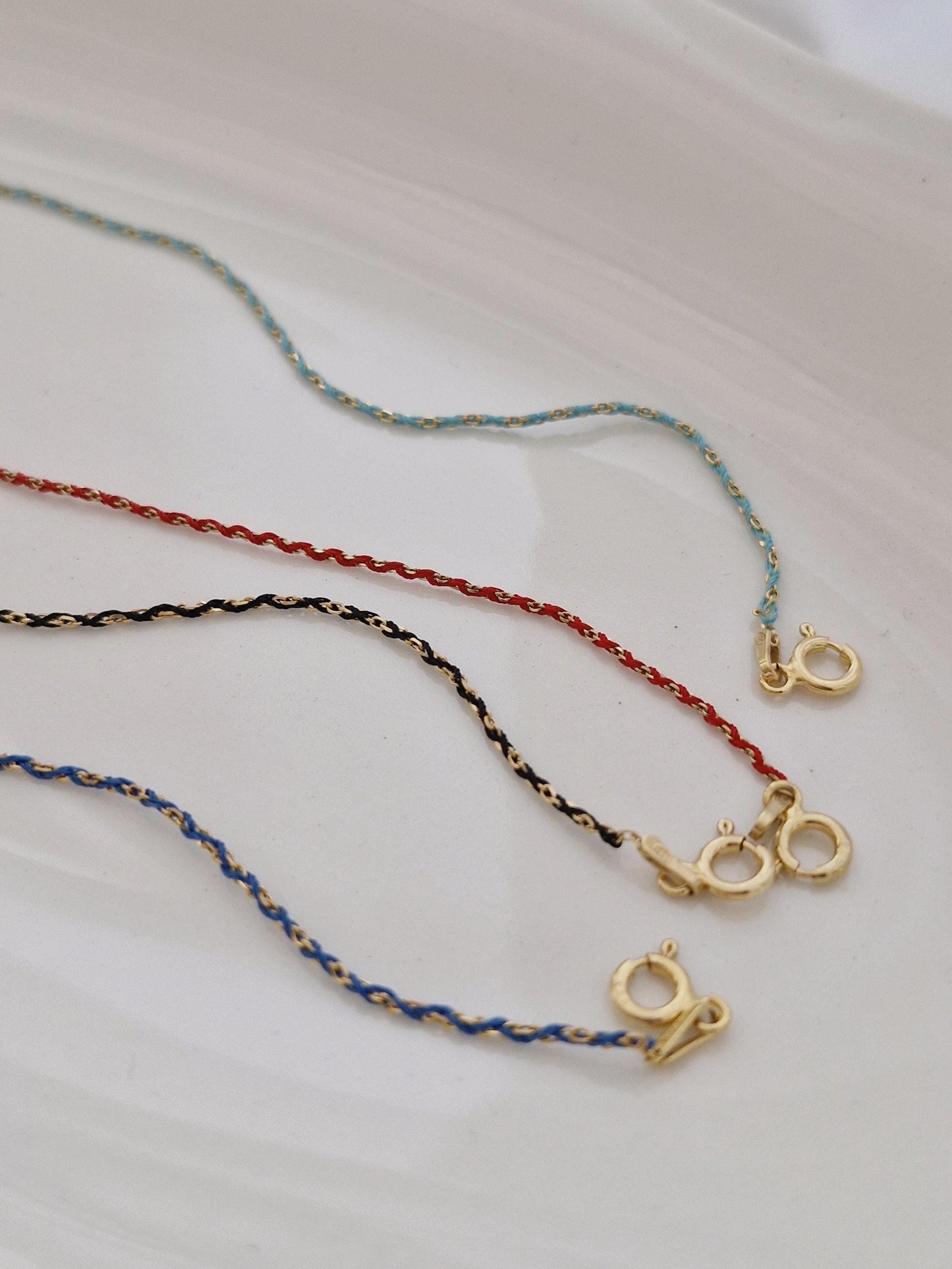 Minimalist Silk Cord Bracelet.925 Sterling Silver.  Red / Black / Blue / Green. stackable multilayer string thread bracelet.