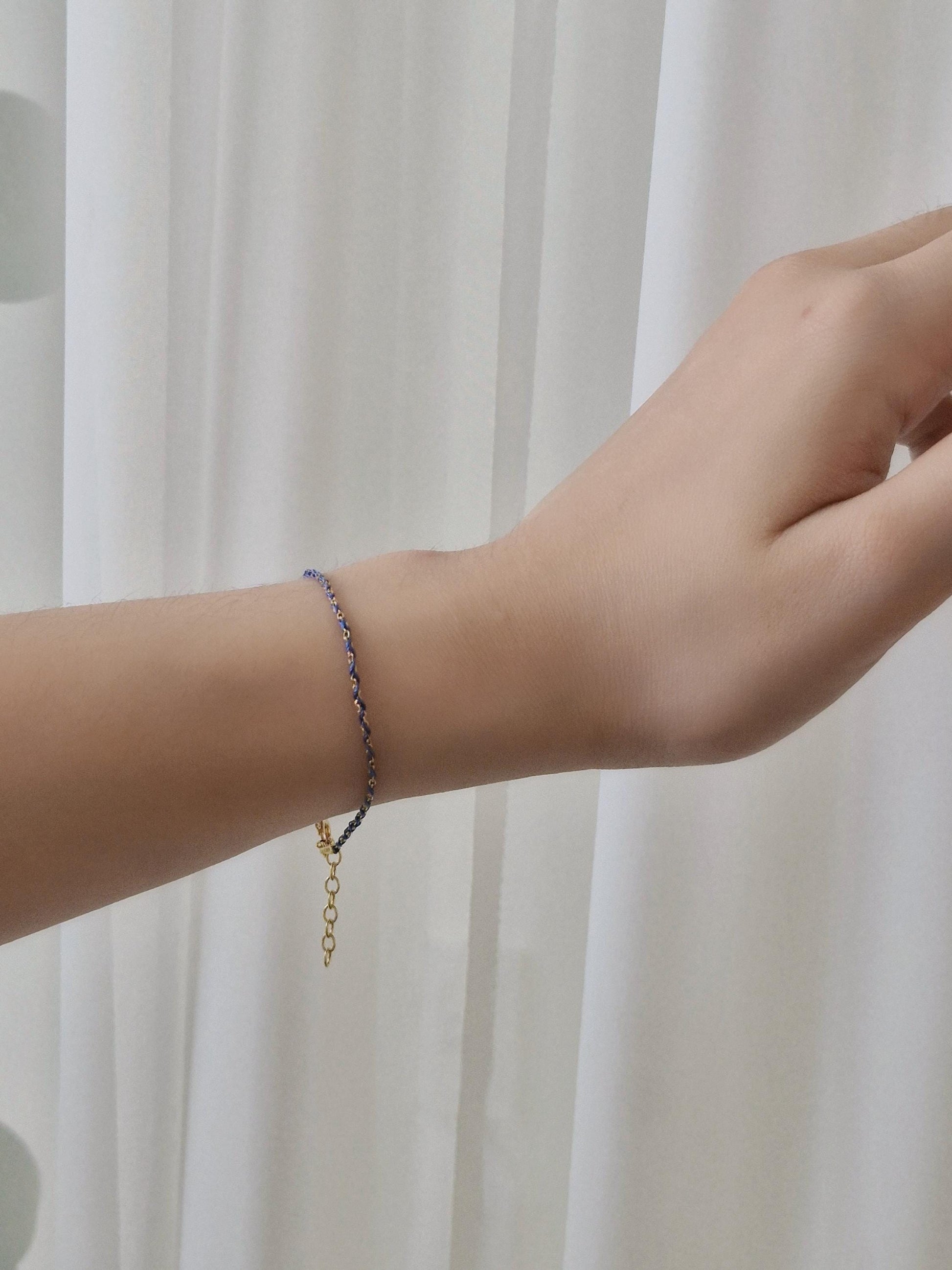 Minimalist Silk Cord Bracelet.925 Sterling Silver.  Red / Black / Blue / Green. stackable multilayer string thread bracelet.
