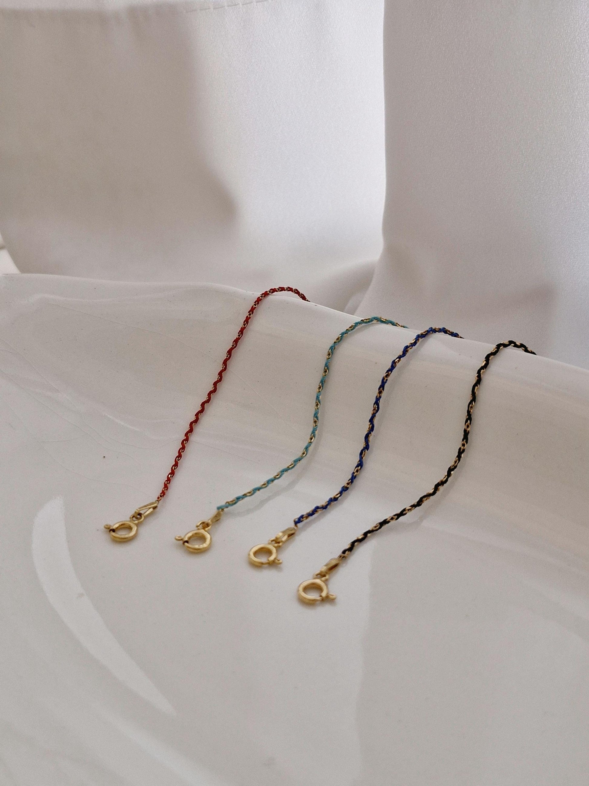 Minimalist Silk Cord Bracelet.925 Sterling Silver.  Red / Black / Blue / Green. stackable multilayer string thread bracelet.