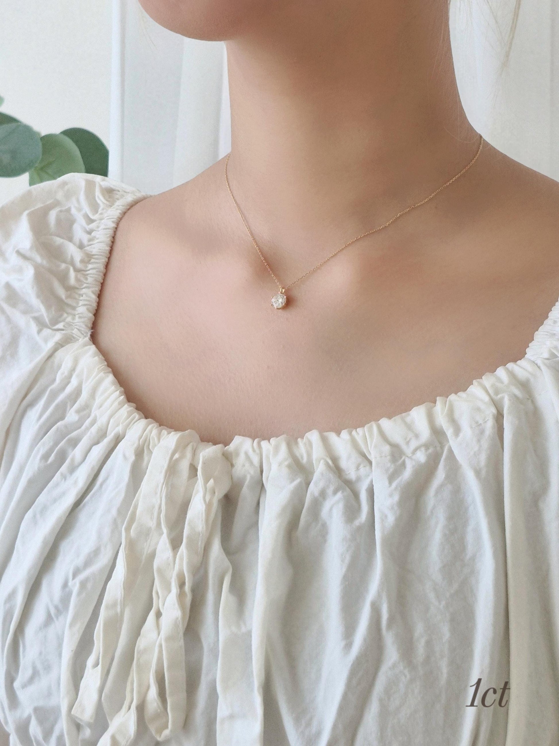 Moissanite stone Sterling Silver Necklace. 3mm, 5mm, 1ct stone. Adjustable chain. sterling silver 925 necklace. single cubic simple.