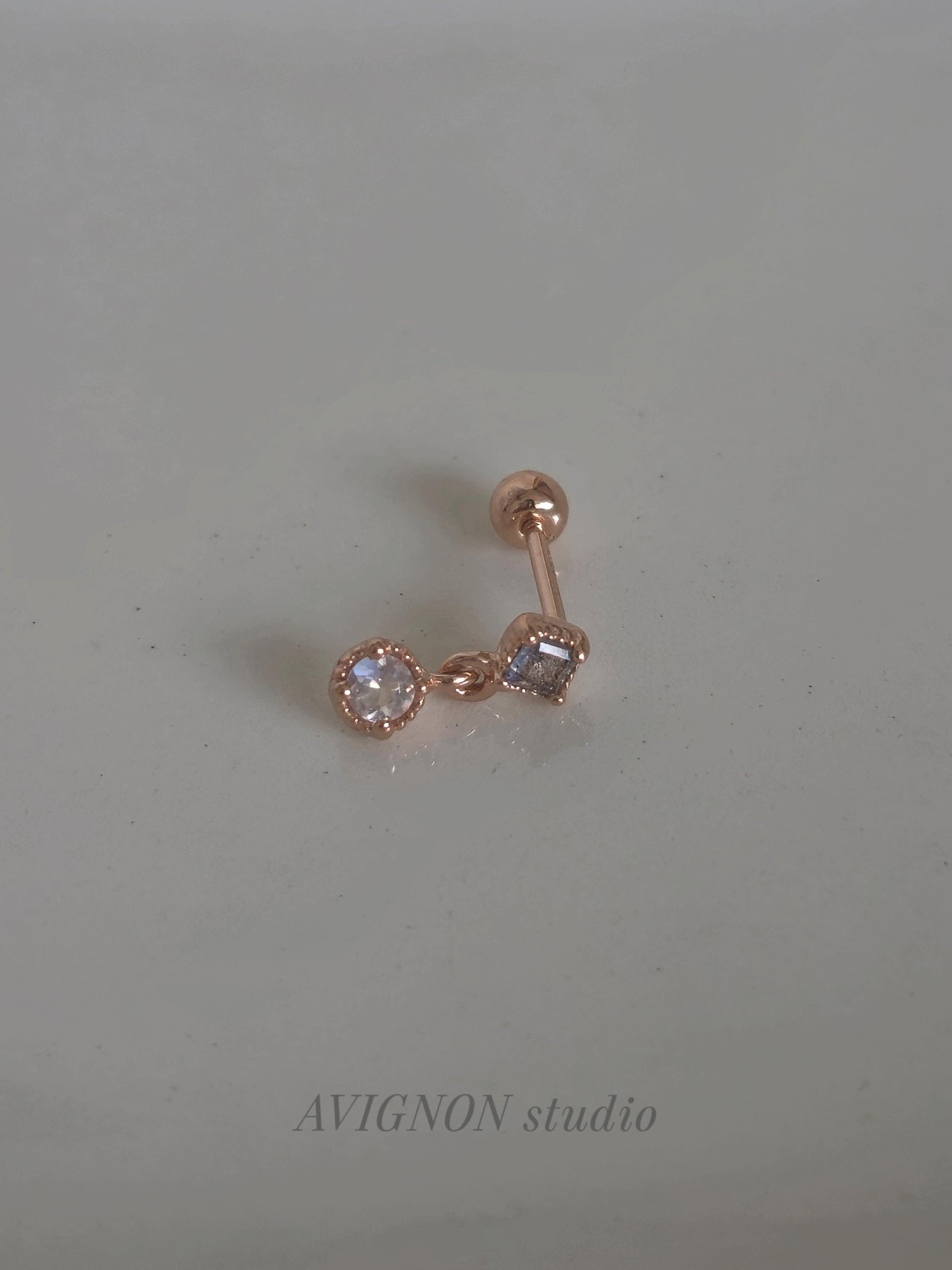 Moonstone rose gold Labradorite piercing. screwball stud. 19G sterling silver piercing. stone piercing.