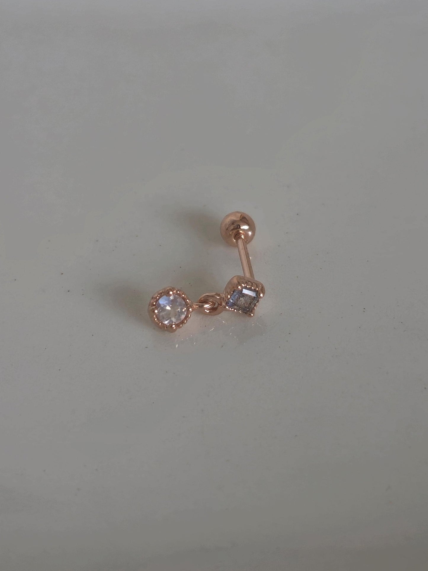 Moonstone rose gold Labradorite piercing. screwball stud. 19G sterling silver piercing. stone piercing.
