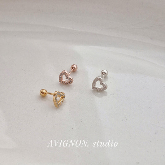 open heart cubic sterling silver 925 piercing. barbell silver gold rosegold. 20G. price for single