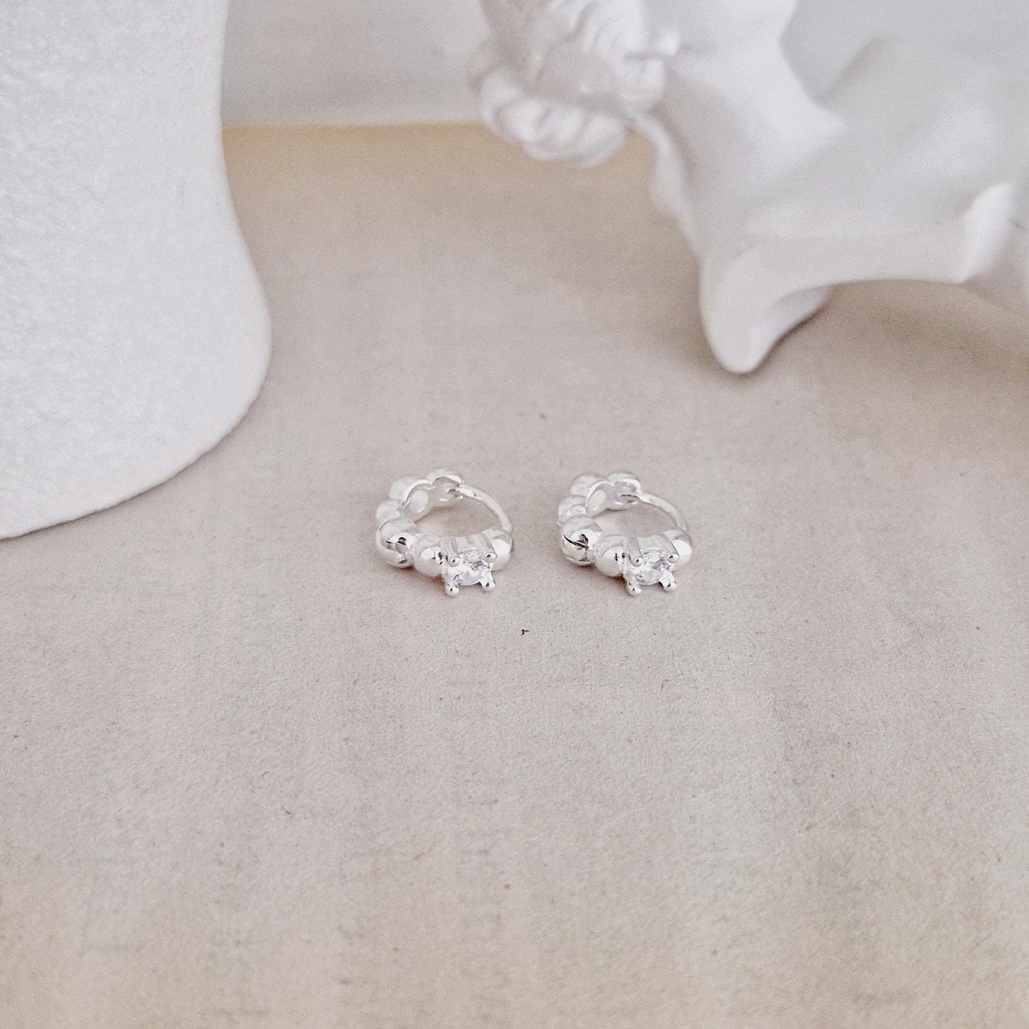 925 Silver Dot Mini Huggie Earrings. bubble ball huggie earrings.