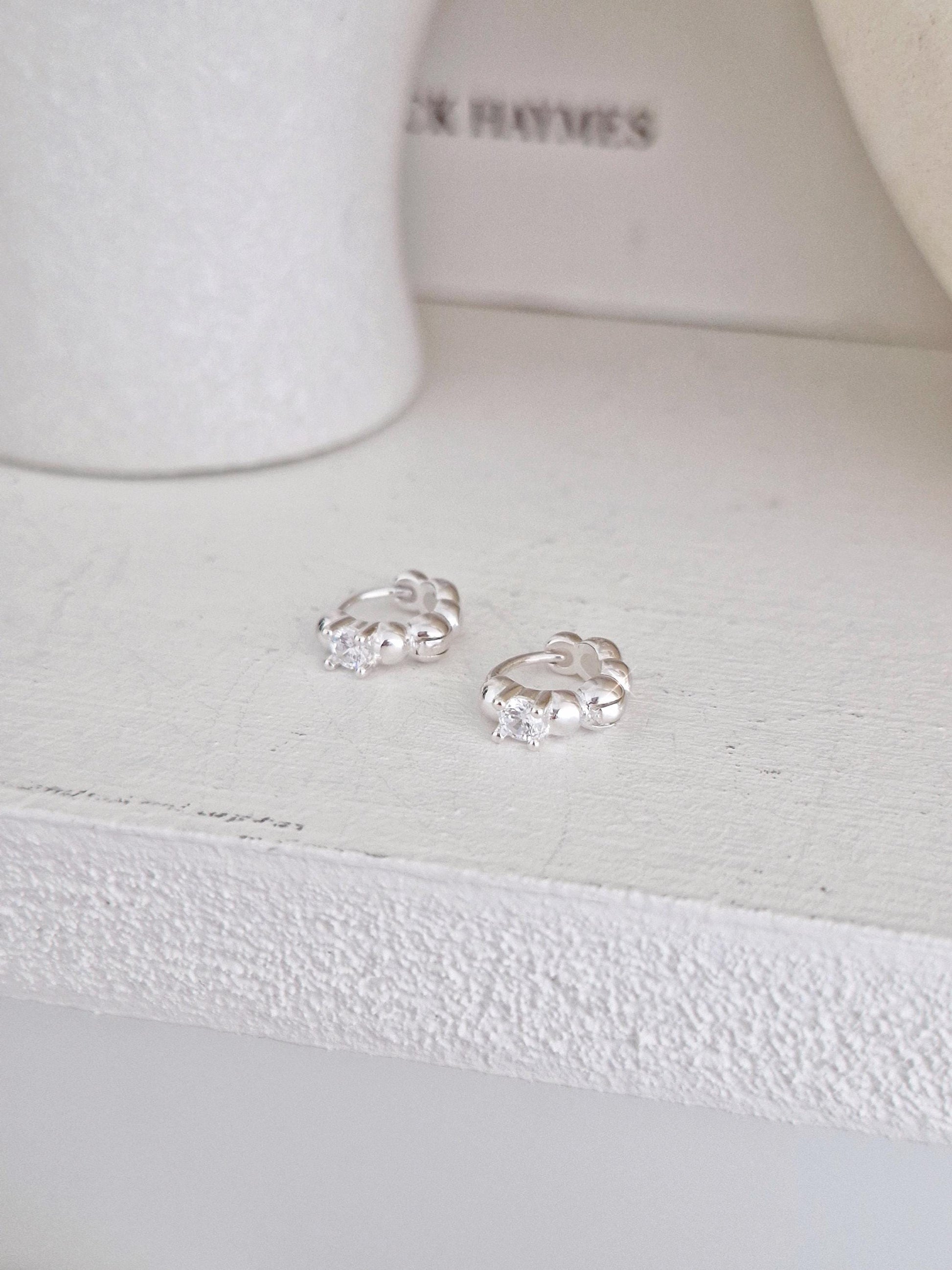 925 Silver Dot Mini Huggie Earrings. bubble ball huggie earrings.